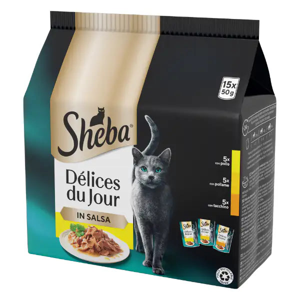 Sheba Cat Délices Du Jour in salsa Multipack 15x50 gr Selezione Delicata - 1° ORDINE? scegli tra BZR5 - BZR20 + 200 pt fedeltà