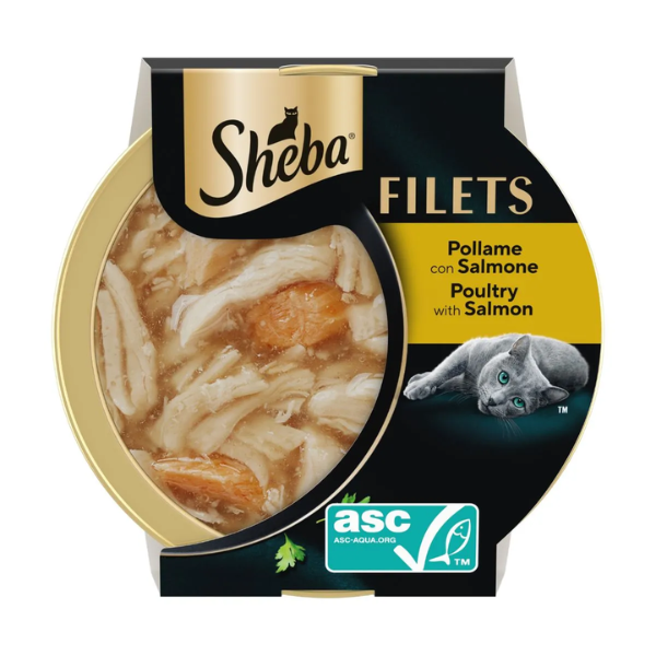 Sheba Filets in salsa 60 gr Pollo e salmone - confezione da 16 pezzi - Cibo umido per gatti - 1° ORDINE? scegli tra BZR5 - BZR20 + 200 pt fedeltà