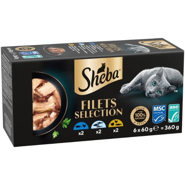 Sheba Filets in salsa Multipack 6x60 gr Mix 1: Pollo Salmone Tonno - 1° ORDINE? scegli tra BZR5 - BZR20 + 200 pt fedeltà Sheba Filets in salsa Multipack 6x60 gr Mix 1: Pollo Salmone Tonno - 1° ORDINE? scegli tra BZR5 - BZR20 + 200 pt fedeltà