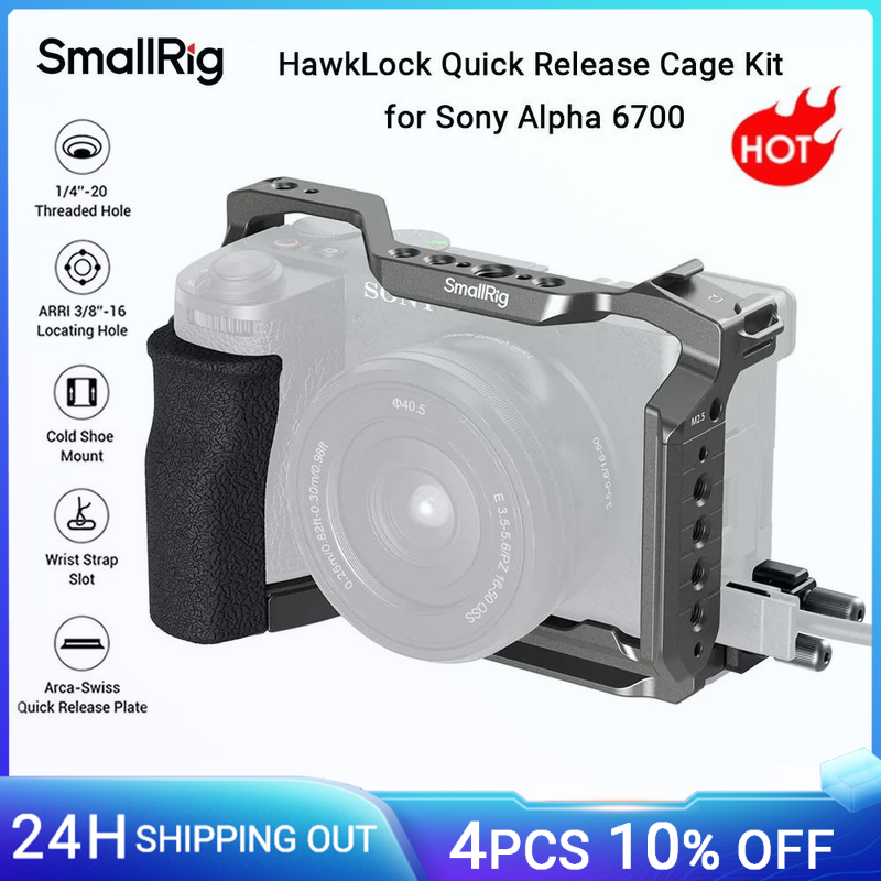 SmallRig A6700 Cage HawkLock Kit gabbia a sgancio rapido per Sony Alpha 6700 w Impugnatura in silicone, morsetto per cavo e piastra per Arca 5060
