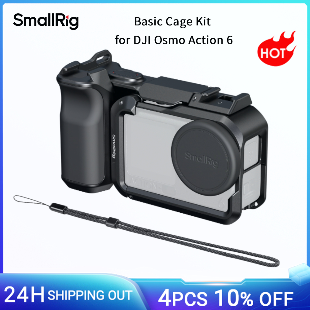 SmallRig Kit Gabbia Base per DJI Osmo Action 6, Impugnatura per Fotografia di Strada con Copriobiettivo in Silicone e Adattatore Cold Shoe per Otturatore