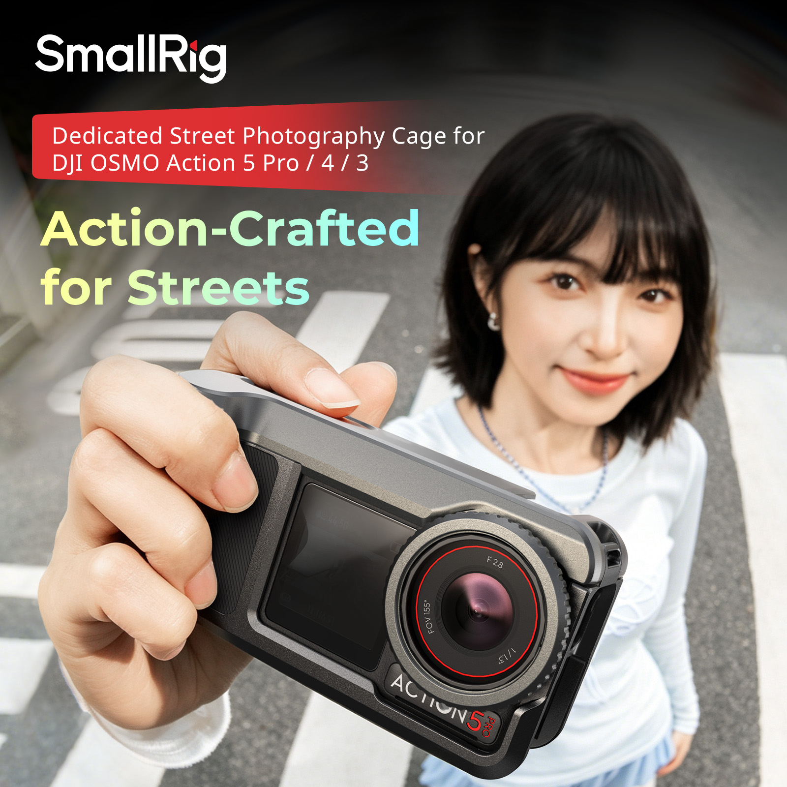 SmallRig Street Grip Kit per DJI Osmo Action 5 Pro / 4/3, Gabbia in Alluminio con Tracolla, Anello di Protezione Lente, Telaio Protettivo