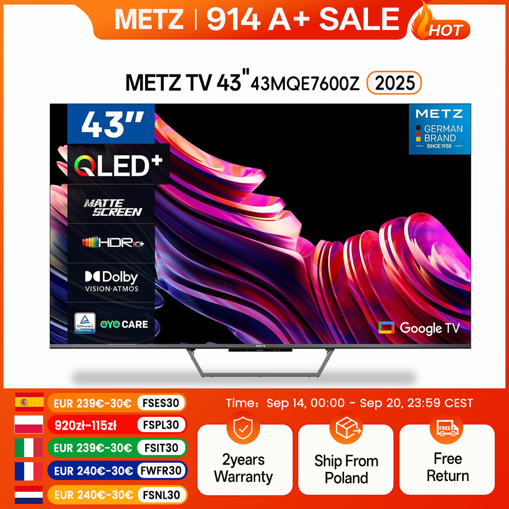 Smart TV Metz Qled+ 4K UHD 43" con Google TV e schermo opaco antiriflesso, Dolby Vision, Dolby Atmos, HDR, Wi-Fi 2024 43Mqe7600Z