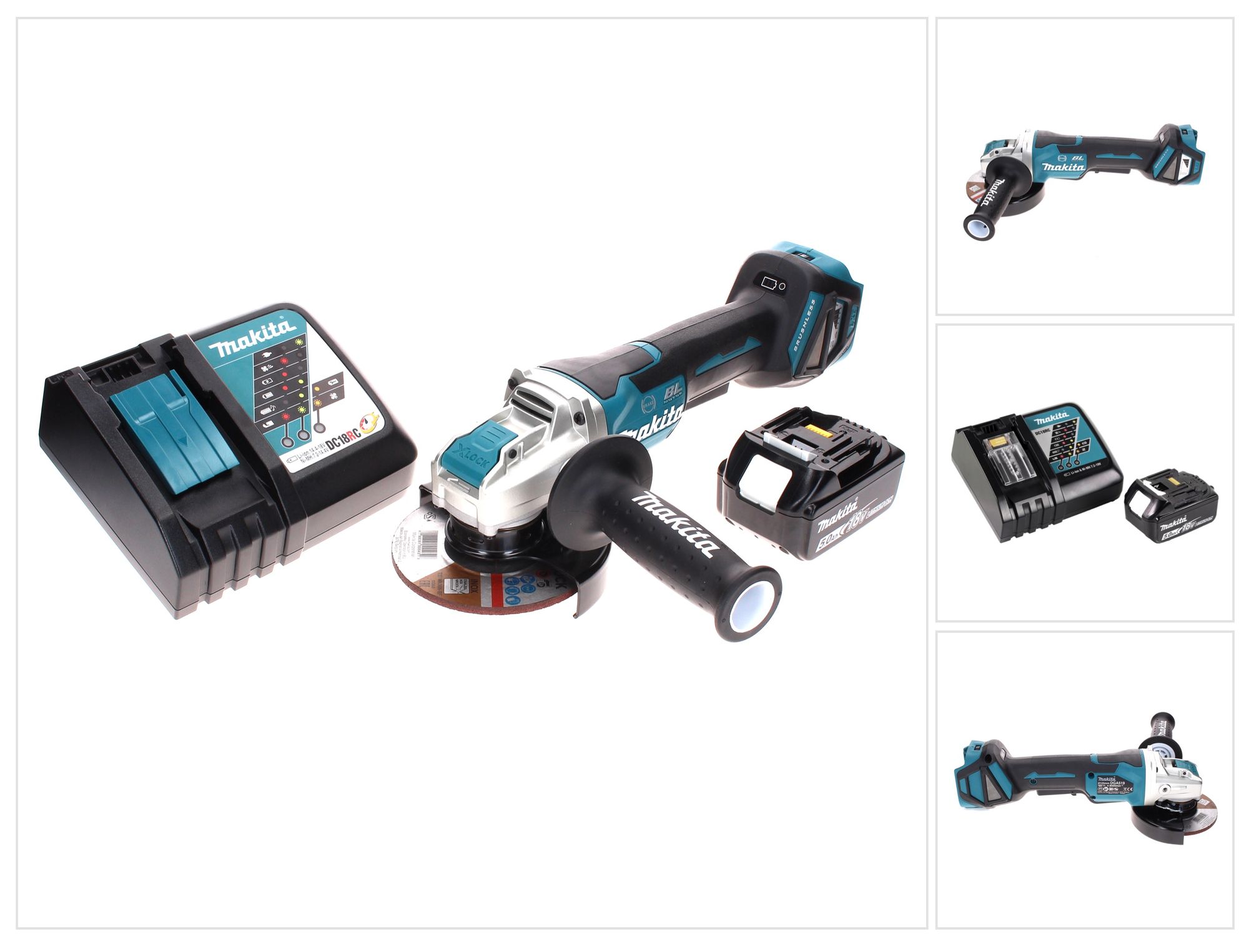 Smerigliatrice Angolare A Batteria Makita Dga 519 Rt1 18 V 125 Mm Brushless X-lock + 1 Batteria Da 5,0 Ah + Caricabatterie
