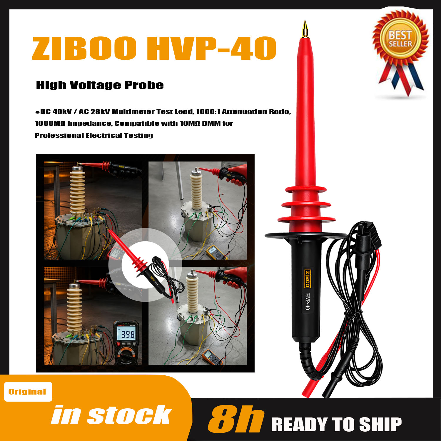 Sonda ad alta tensione ZIBOO HVP-40, puntale per multimetro DC 40kV / AC 28kV, rapporto di attenuazione 1000:1, impedenza 1000MΩ.