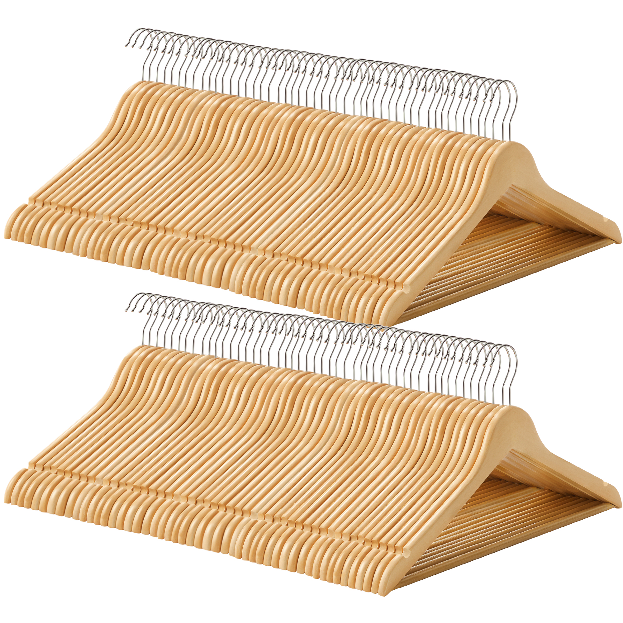 SONGMICS - Appendiabiti in Legno, Lotto da 100/40 con Tacche Antiscivolo, Barra Antiscivolo per Pantaloni, Gancio Rotante a 360° ° Per Abiti, Camicie, Cappotti, Color Legno e Argento