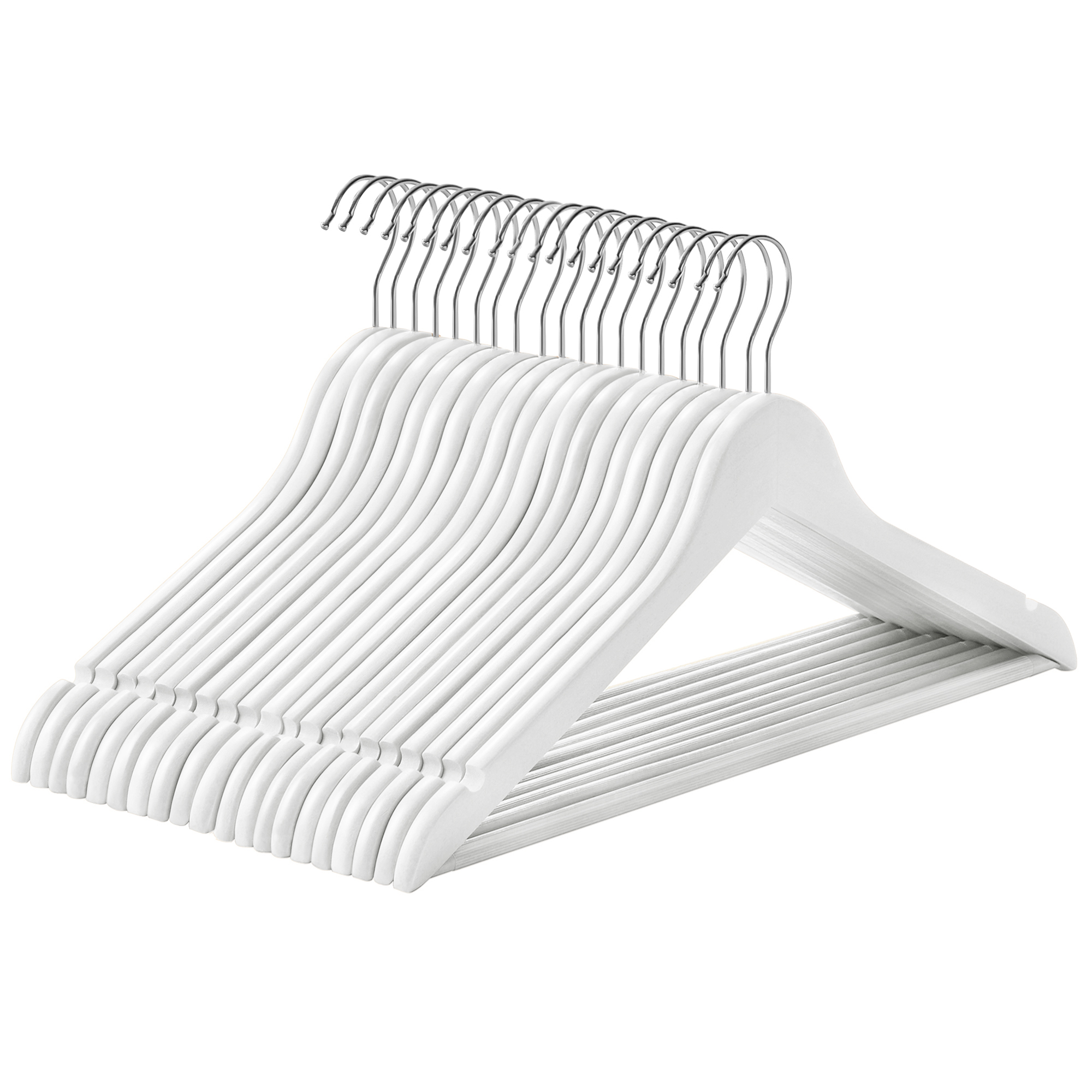 SONGMICS Appendiabiti in Legno Massello, Set da 10, con Fessure per Spalle, Barra Antiscivolo per Pantaloni, Gancio Rotante a 360° ° Per Abiti, Camicie, Cappotti, Bianco/Naturale/Nero/Noce