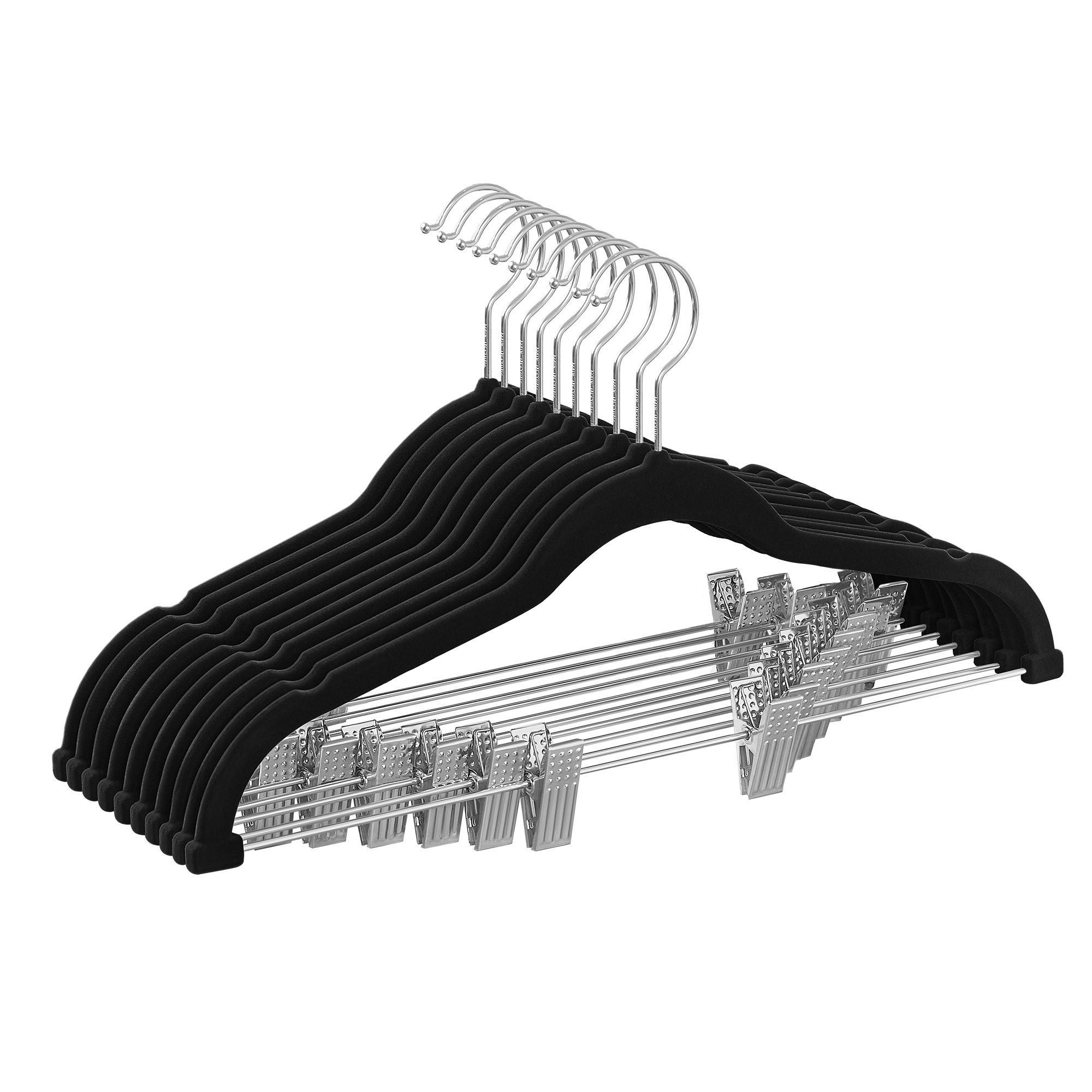 SONGMICS Appendini per Pantaloni, 10 Appendini in Velluto, Lunghezza 42,5 cm, con Clip Regolabili, Antiscivolo, Salvaspazio, per Pantaloni, Cappotti, Vestiti, Nero/Bianco