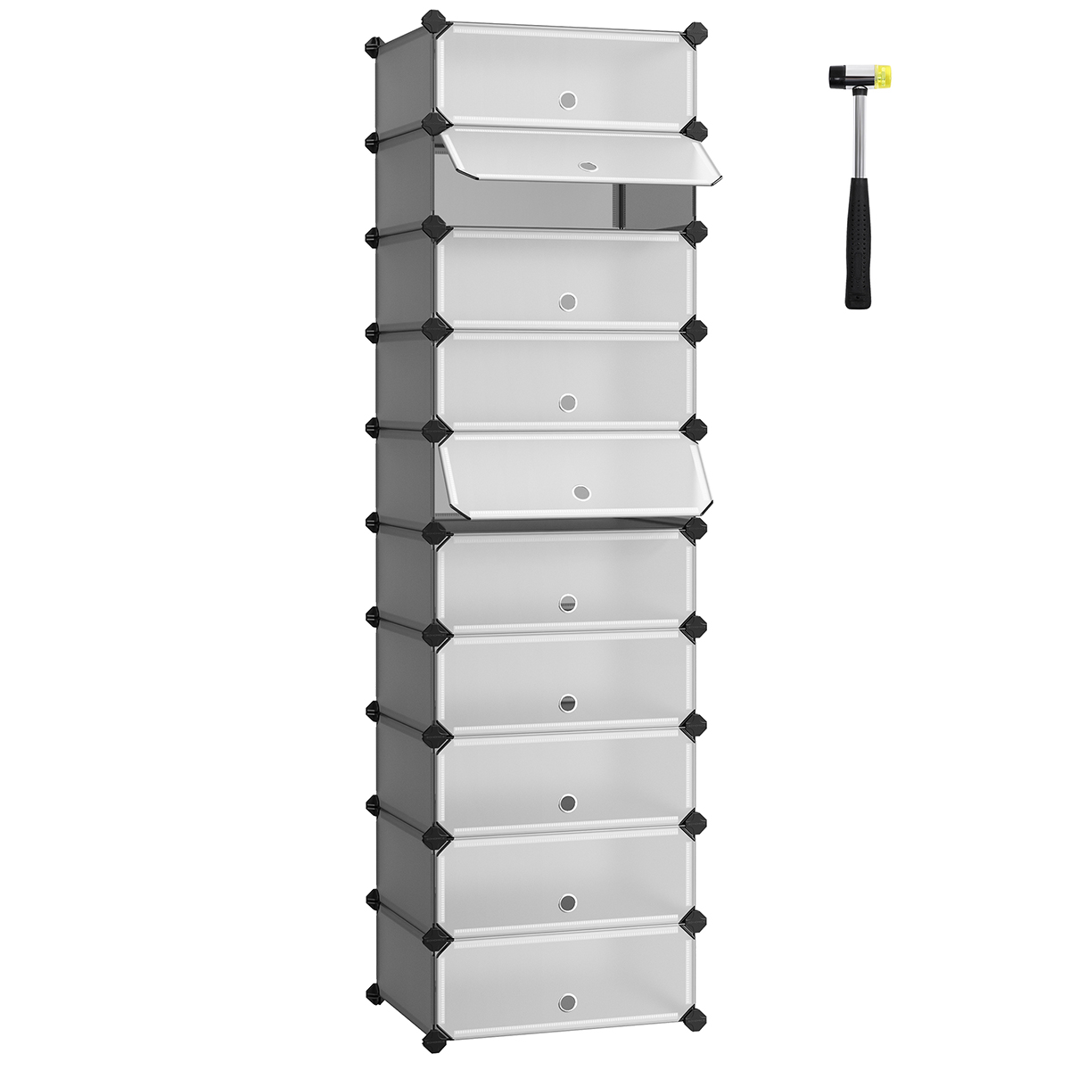 SONGMICS Armadietti per Scarpe con 10 Scomparti, Scaffale Modulare in Plastica, Scatola Portascarpe, con Anta e Mazza, Grigio/Nero/Marrone Rustico