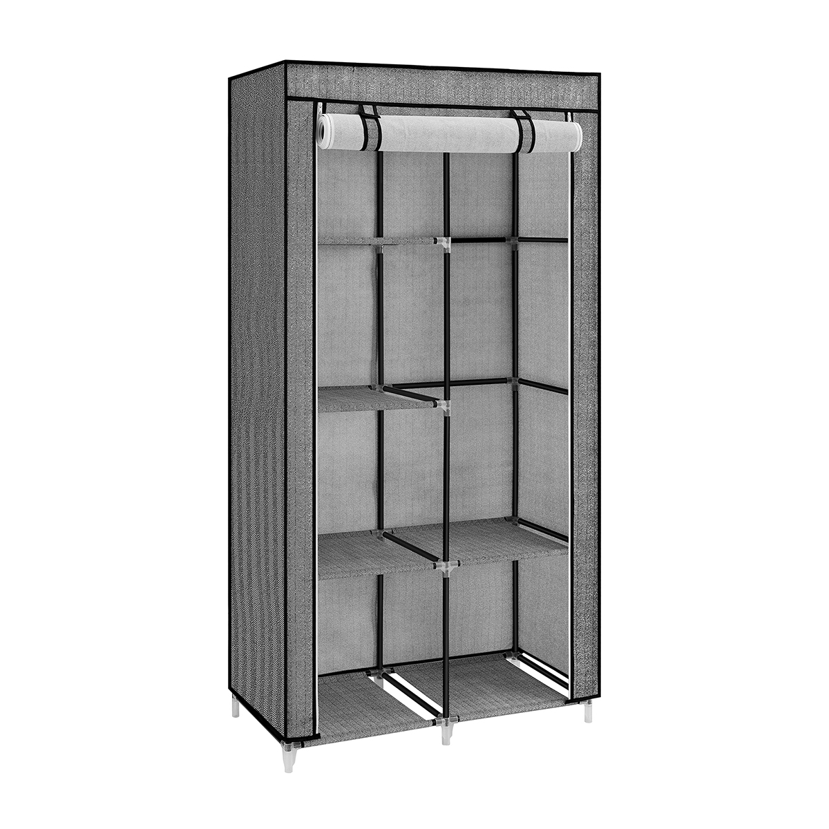 SONGMICS Armadio per Abiti, Guardaroba, 6 Ripiani, 1 Barra Appendiabiti, Tessuto Non Tessuto, Struttura in Metallo, 45 x 88 x 168 cm, per Camera da Letto, Corridoio, Cabina Armadio, Nero con Motivi a