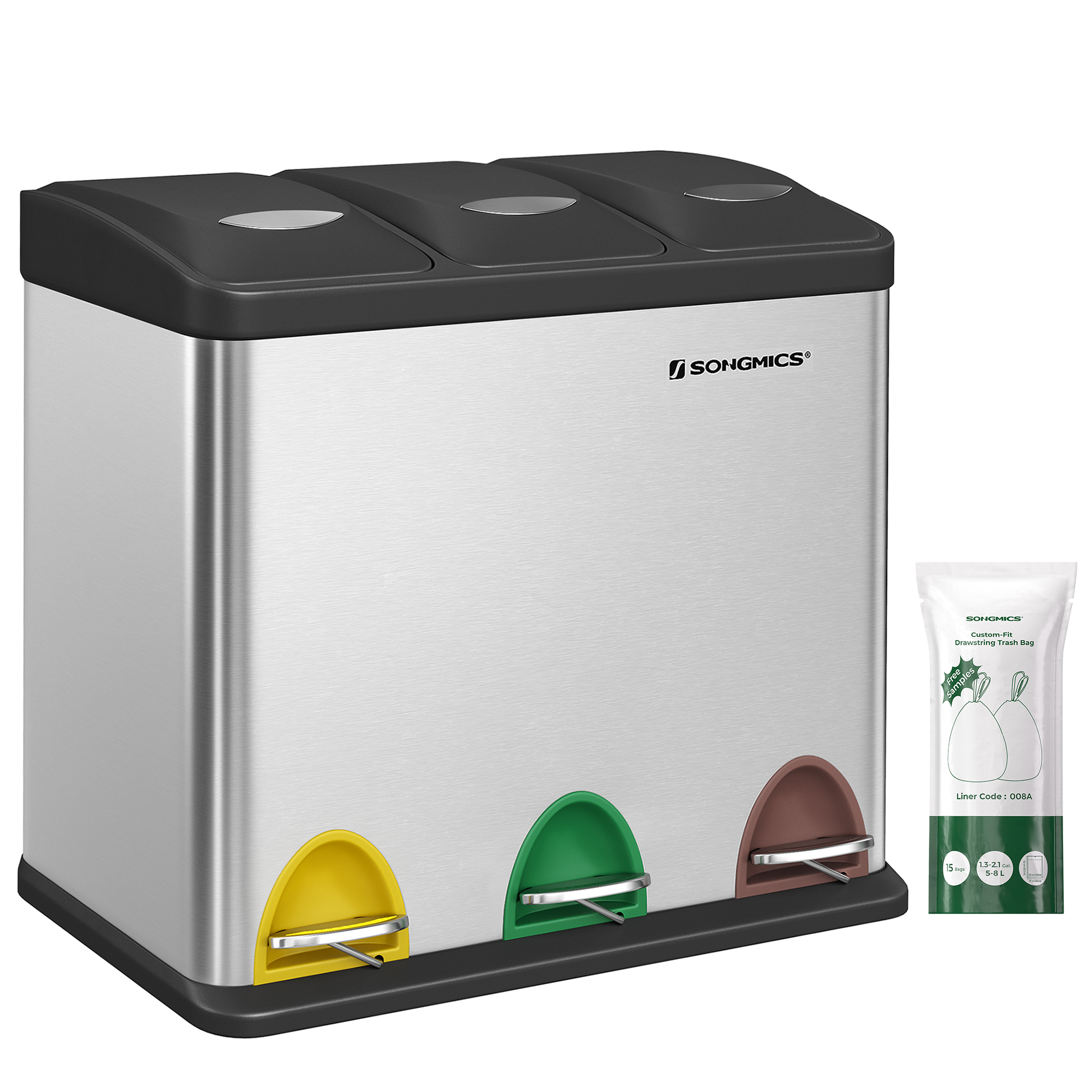 SONGMICS Cestino da Cucina, 3 x 8 L, con Coperchio, Tripla Cestino in Acciaio per Piccole Famiglie, con Pedale e Capacità di 3 Litri, Facile da Pulire, Argento e Nero/Bianco Crema e Marrone/Bianco