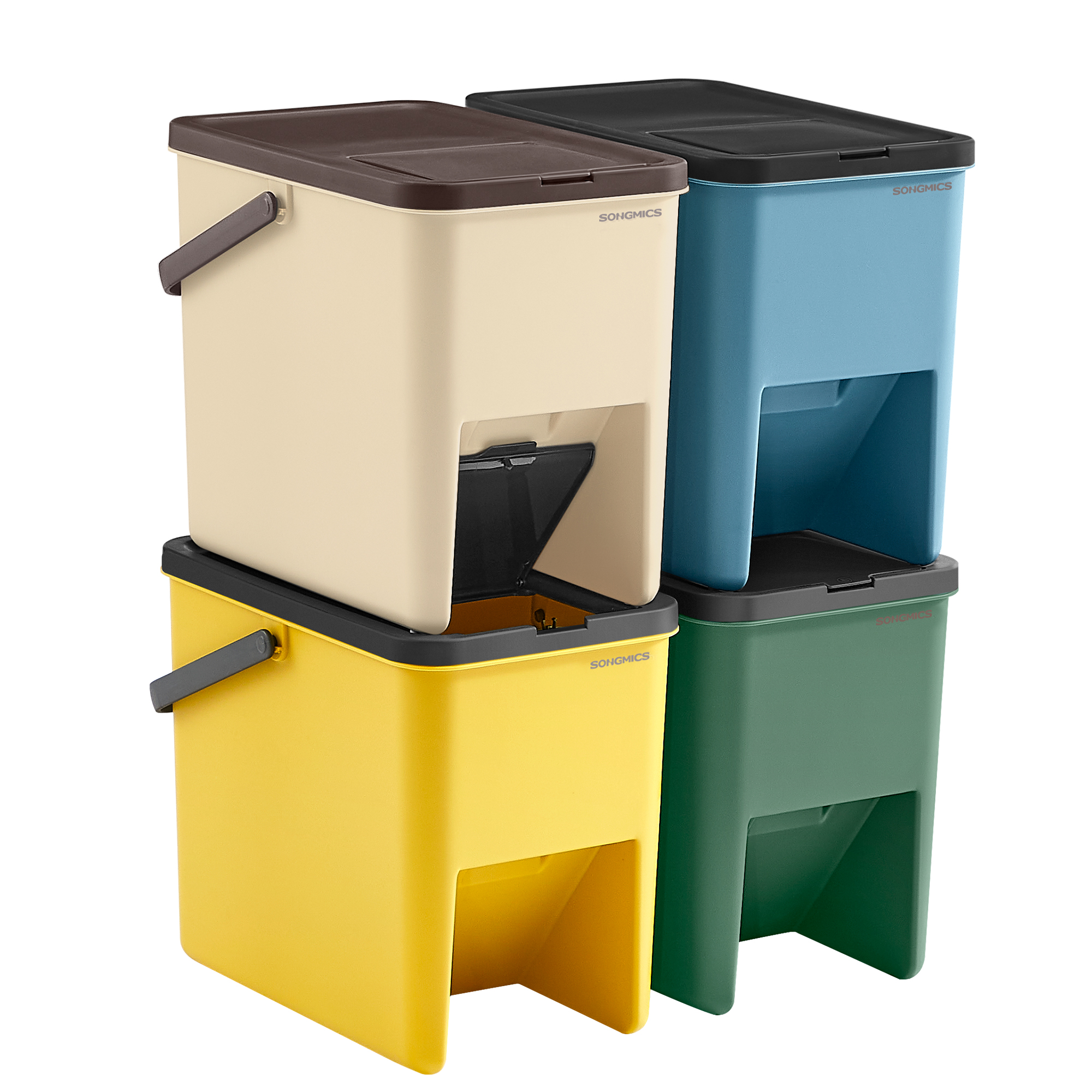 SONGMICS Cestino per rifiuti, set di 4 contenitori impilabili, 20 L ciascuno, sistema di separazione dei rifiuti, coperchi con apertura a scatto, con adesivi, contenitore portaoggetti, giallo, blu,