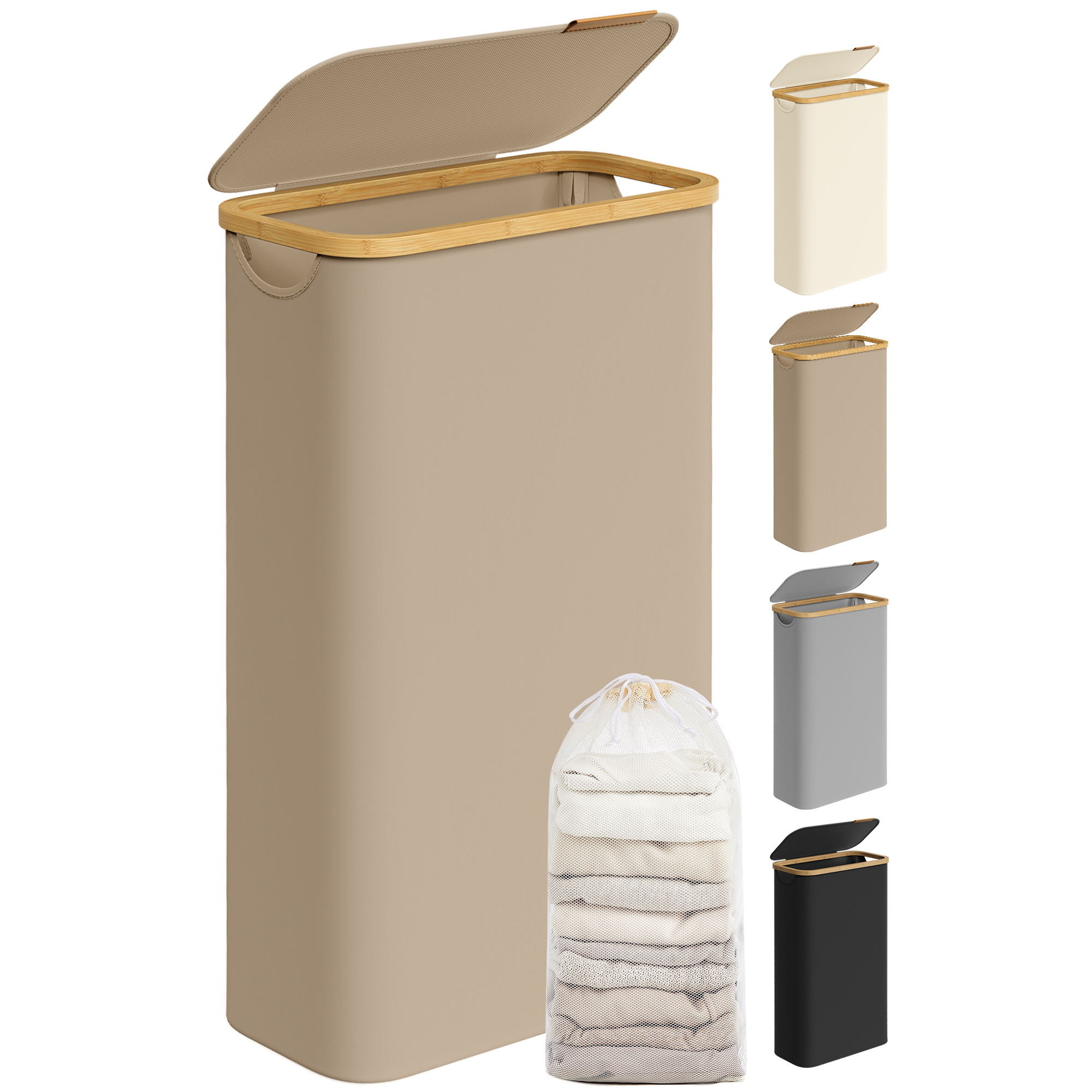 SONGMICS Cesto per Biancheria Sporca con Coperchio, Cesto Sottile per Biancheria Sporca, 65 L, Salvaspazio, Rivestimento in Rete Rimovibile, Tessuto Oxford, Manici in Bambù, Pieghevole, 42 x 22,5 x