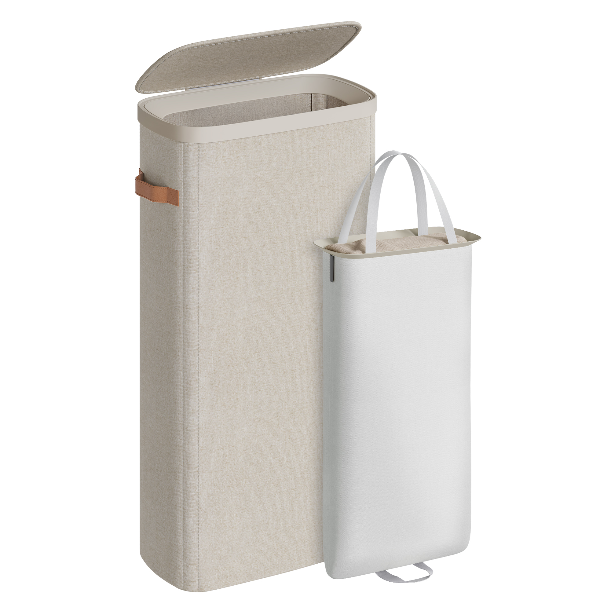 SONGMICS Cesto per la Biancheria, 65 L, Sacco per Rifiuti, Facile da Assemblare, con Maniglie sul Coperchio, Sacco Interno Rimovibile, 39 x 22 x 75 cm, Beige Cappuccino