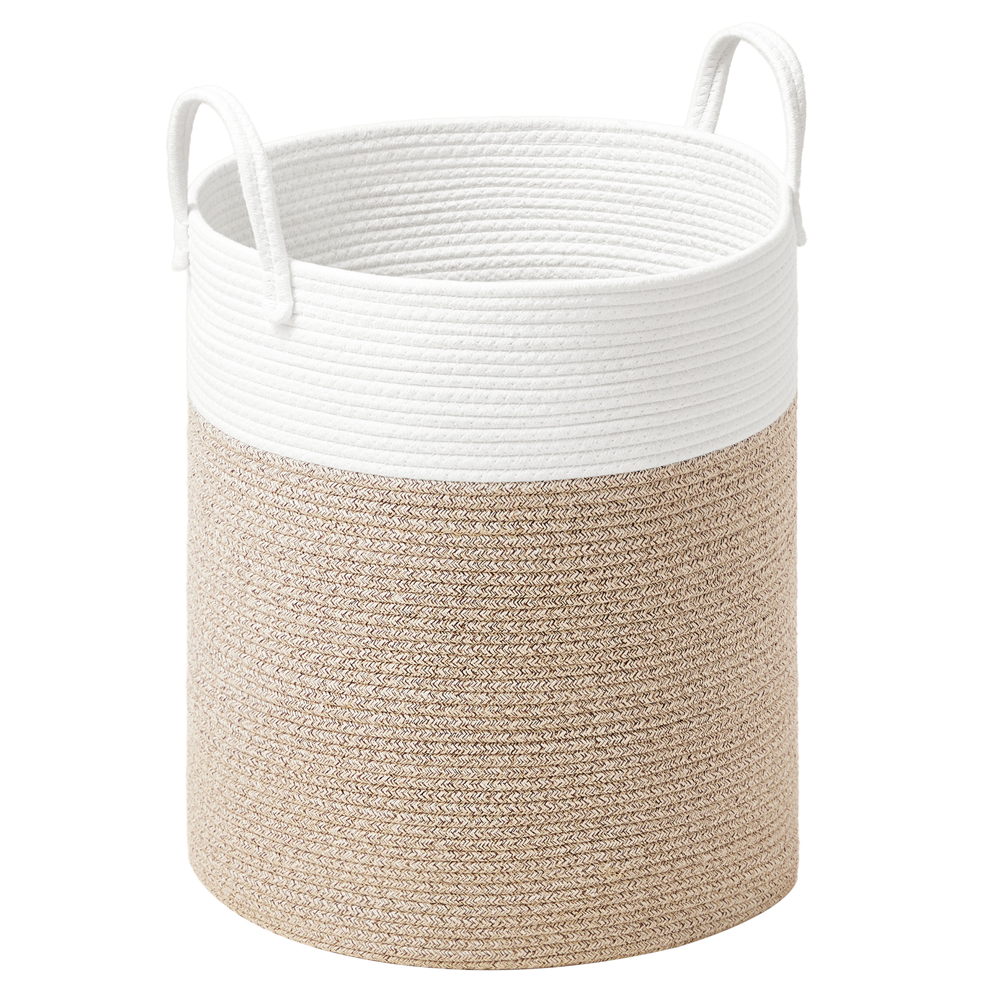 SONGMICS Cesto Portabiancheria, Cesto Portabiancheria per Bambini 60 L, con Coperchio, Corda in Cotone, Manico, Coulisse, per Peluche, Coperte, Camera da Letto, 35 x 35 x 50 cm, Bianco e Marrone