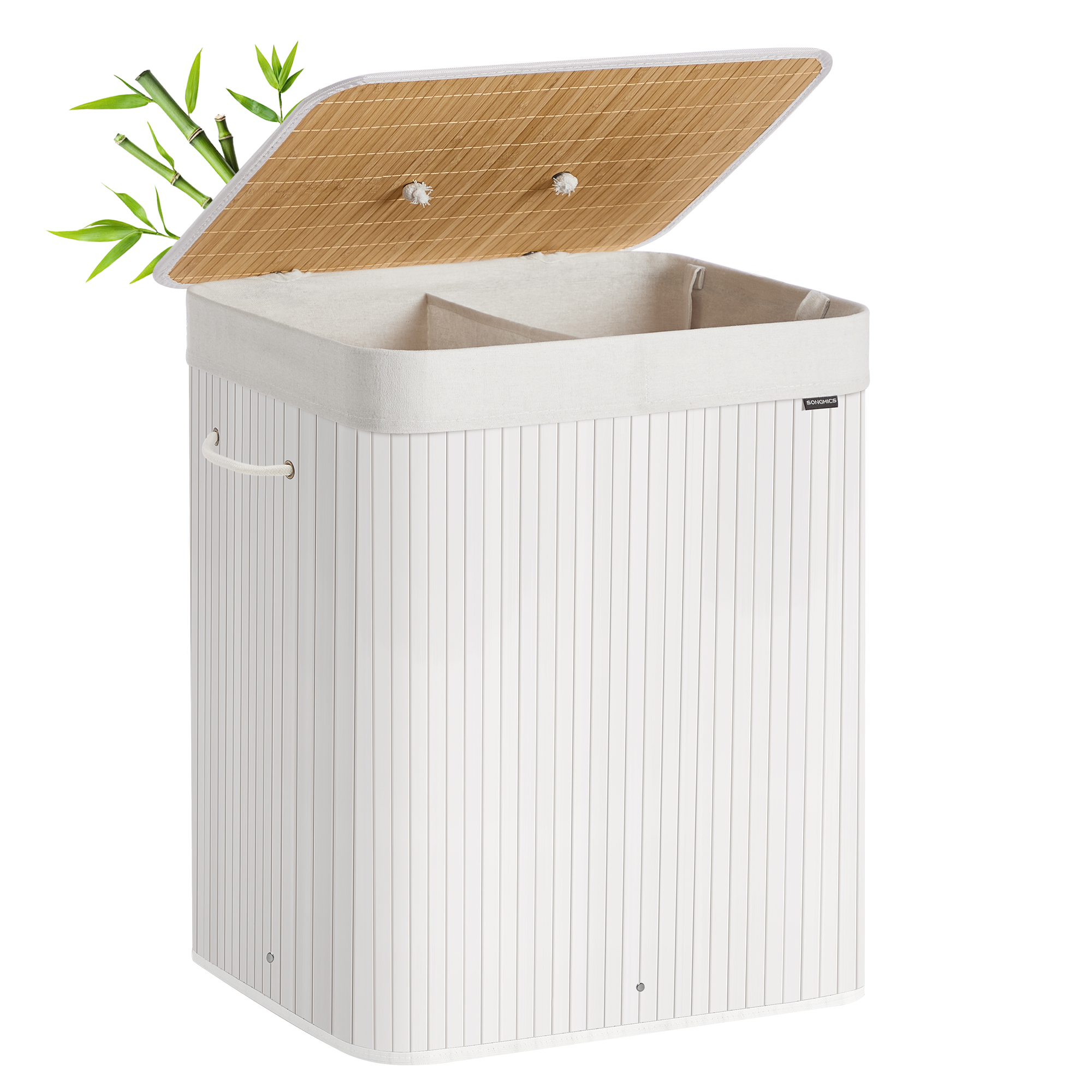 SONGMICS Cesto Portabiancheria con Coperchio, 2 Scomparti, 120 L, Cesto Portabiancheria in Bambù, Pieghevole, con Sacca Lavabile Rimovibile, Manici, per Biancheria, Camera da Letto, Bianco/Naturale