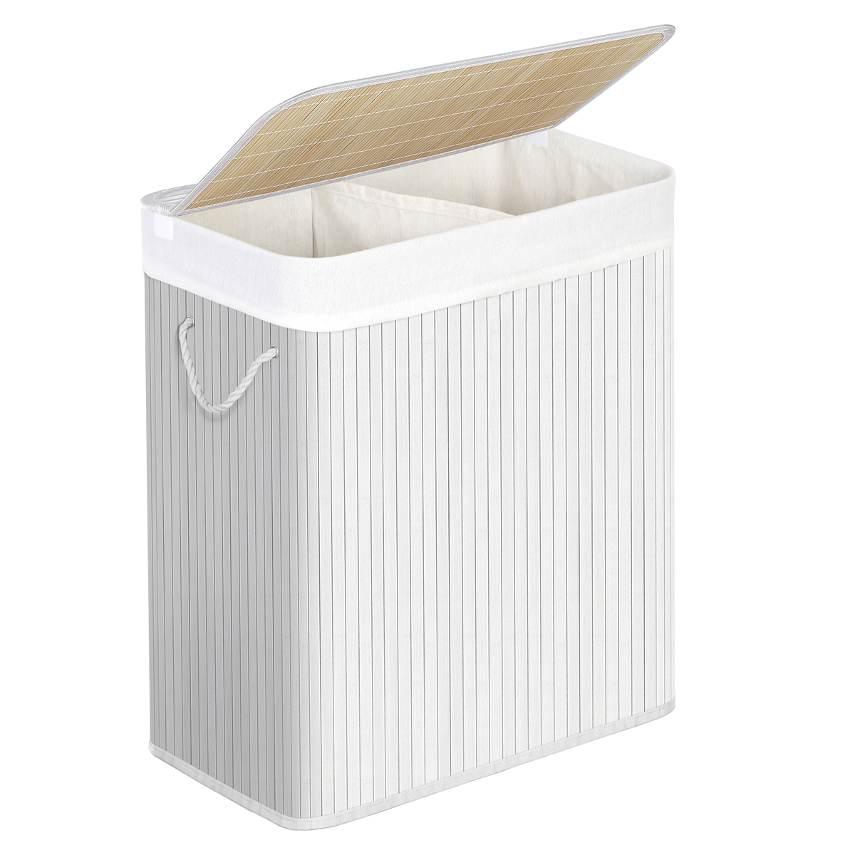 SONGMICS Cesto Portabiancheria con Coperchio, 2 Scomparti, Cesto in Bambù con Sacca Rimovibile e Lavabile, Manici in Cotone, 100L, per Biancheria, Camera da Letto, Bianco/Grigio/Naturale/Nero