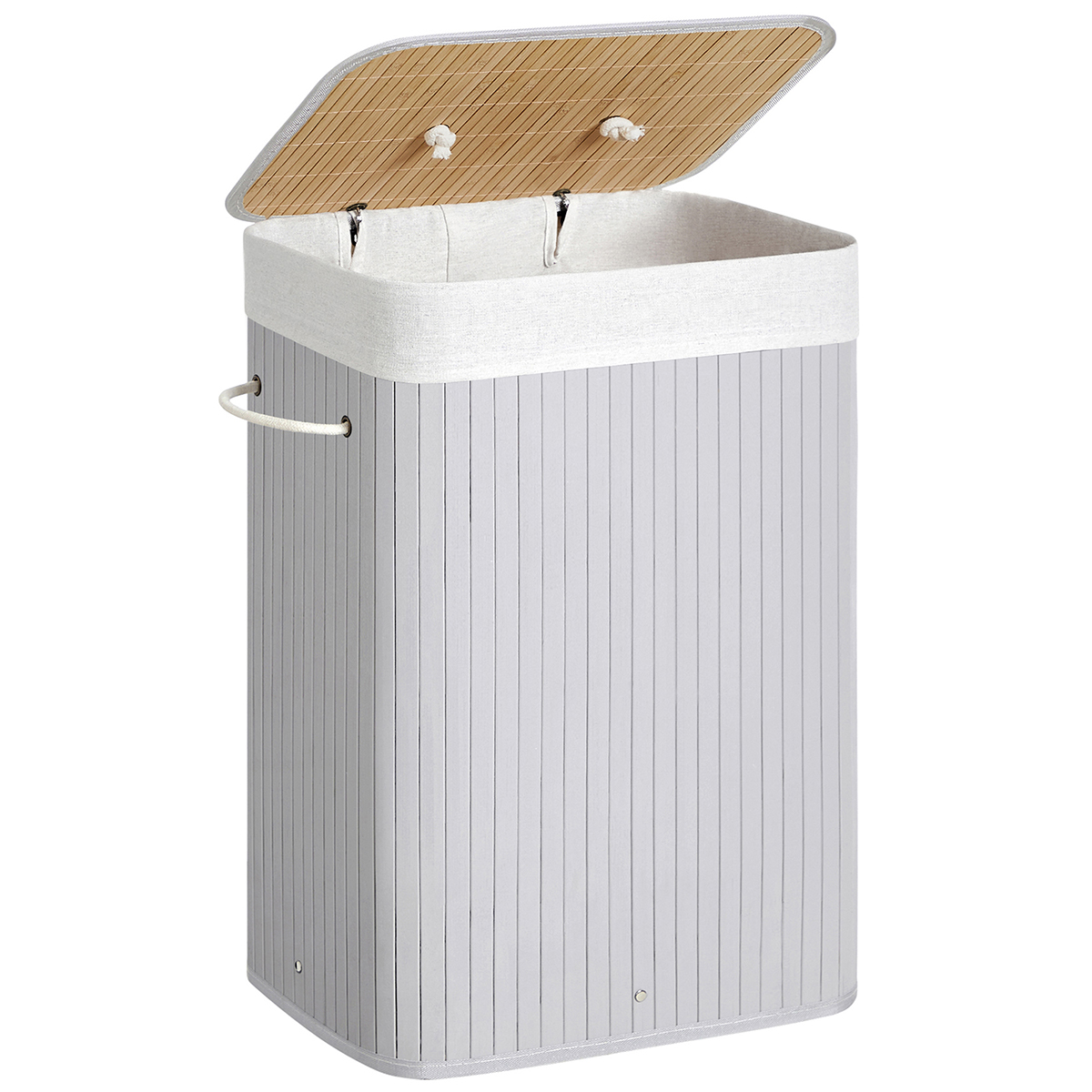 SONGMICS Cesto Portabiancheria con Coperchio, 72L, Cesto Portabiancheria in Bambù, Pieghevole, con Sacca Lavabile Rimovibile, Manici, per Biancheria, Camera da Letto, Grigio/Naturale/Nero/Bianco