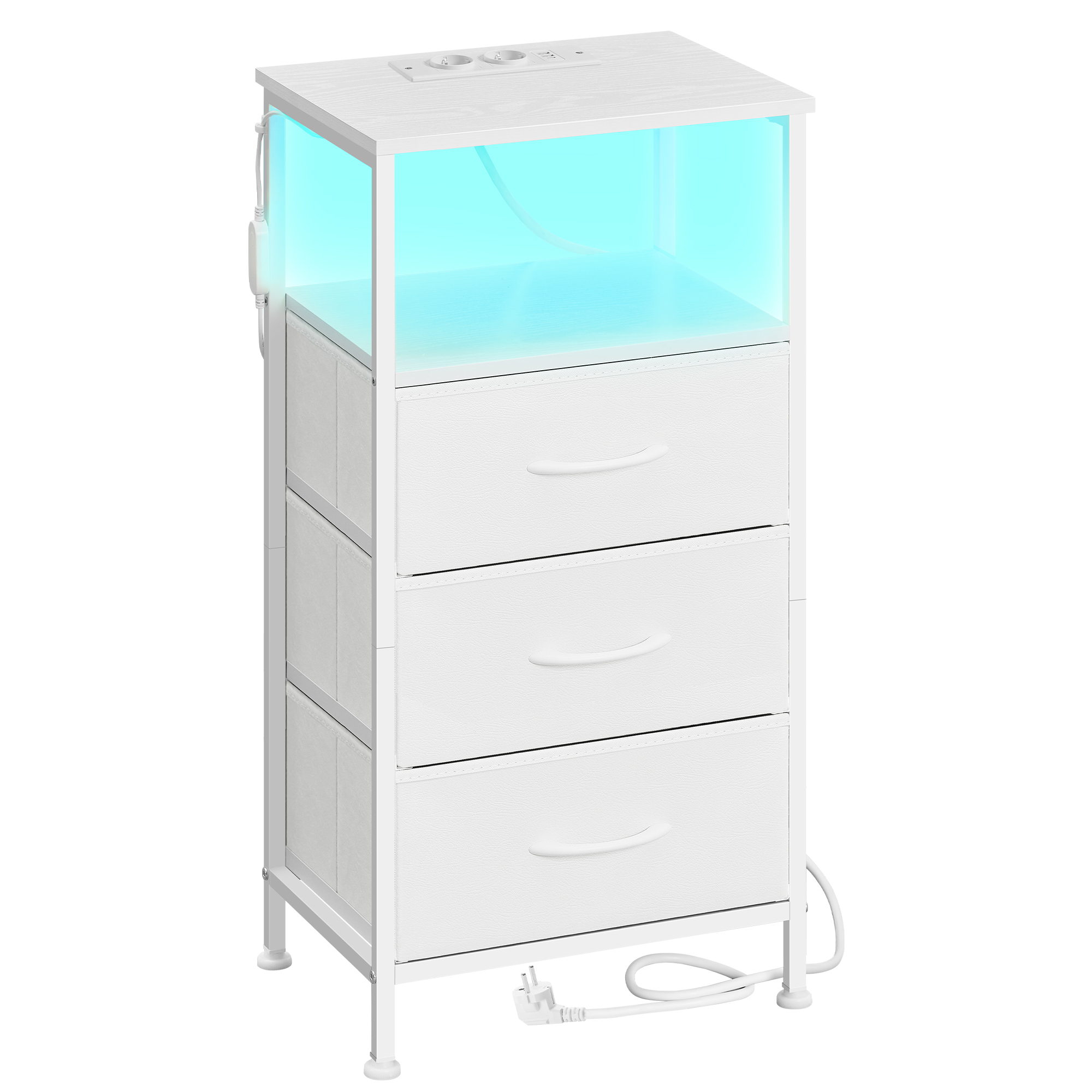 SONGMICS Collezione Bellah Comodino con Base di Ricarica, Tavolino Laterale con Illuminazione LED Regolabile Controllabile tramite App, 1 Scomparto Aperto, 3 Cassetti, Bianco Cloud