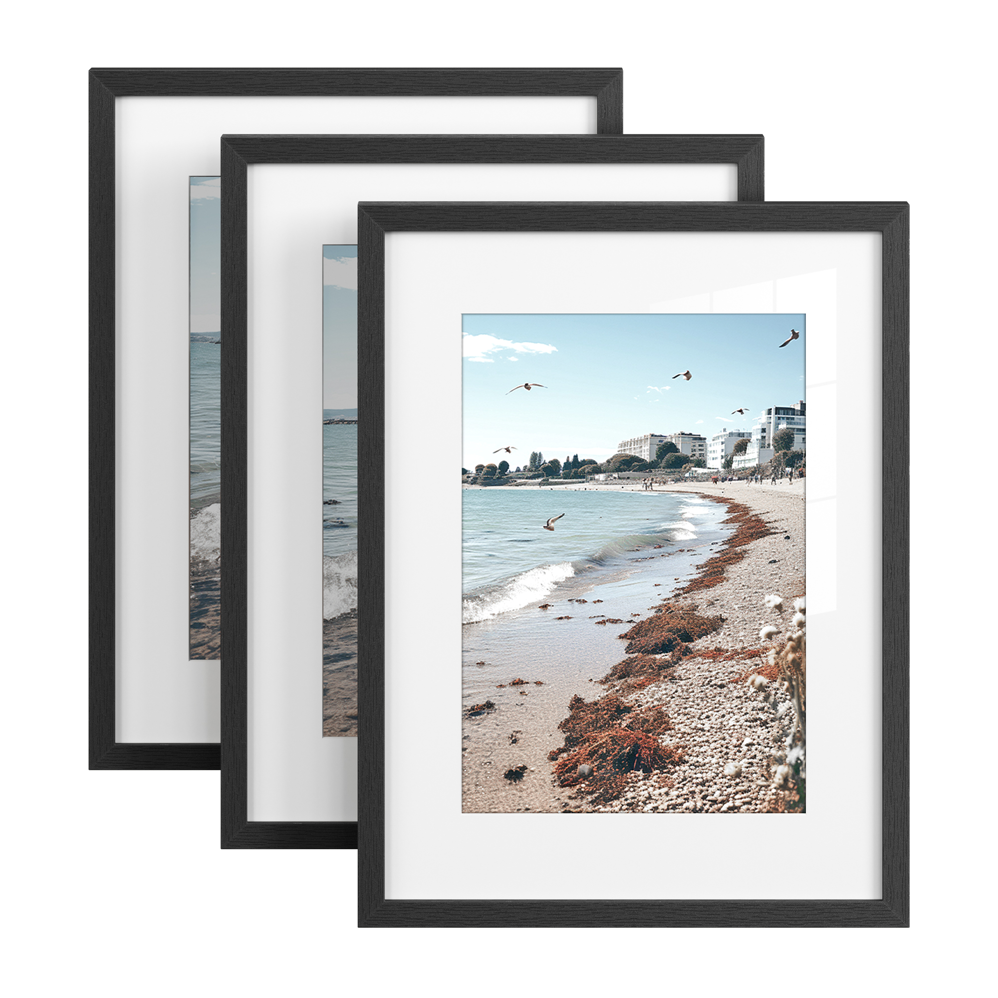 SONGMICS Cornici per Foto 30 x 40 cm, Portafoto da Parete, Pannello in MDF, con Chiodi Senza Traccia, Set di 3, Nero/Bianco/Beige Naturale