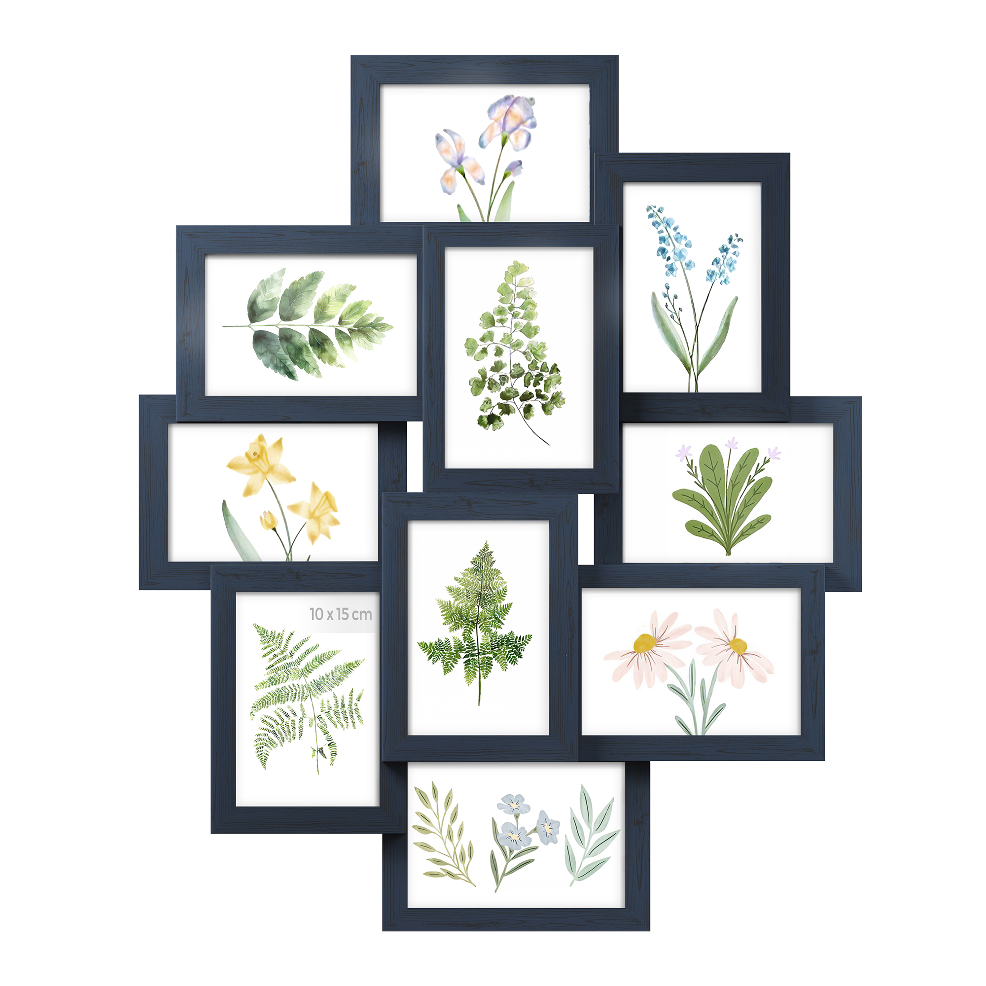 SONGMICS Cornici per foto collage, 10 cornici per foto 10 x 15 cm, cornici per foto da parete, cornici multiple, decorazioni murali, blu navy/beige naturale/bianco nuvola/marrone rustico/nero