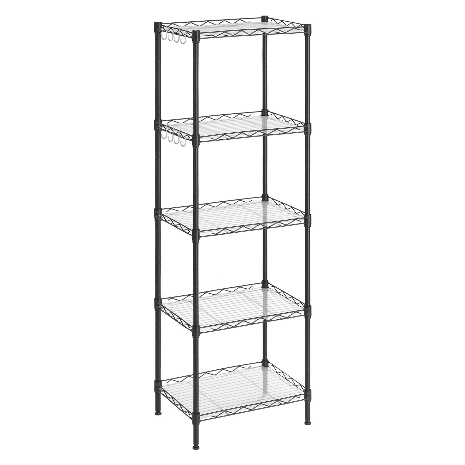 SONGMICS Mensola da Cucina, Scaffale a 5 Ripiani, Scaffale Stretto, 8 Ganci, Mobiletto da Bagno Verticale, Pannelli in Plastica PP, Altezza Regolabile, Metallo, Nero