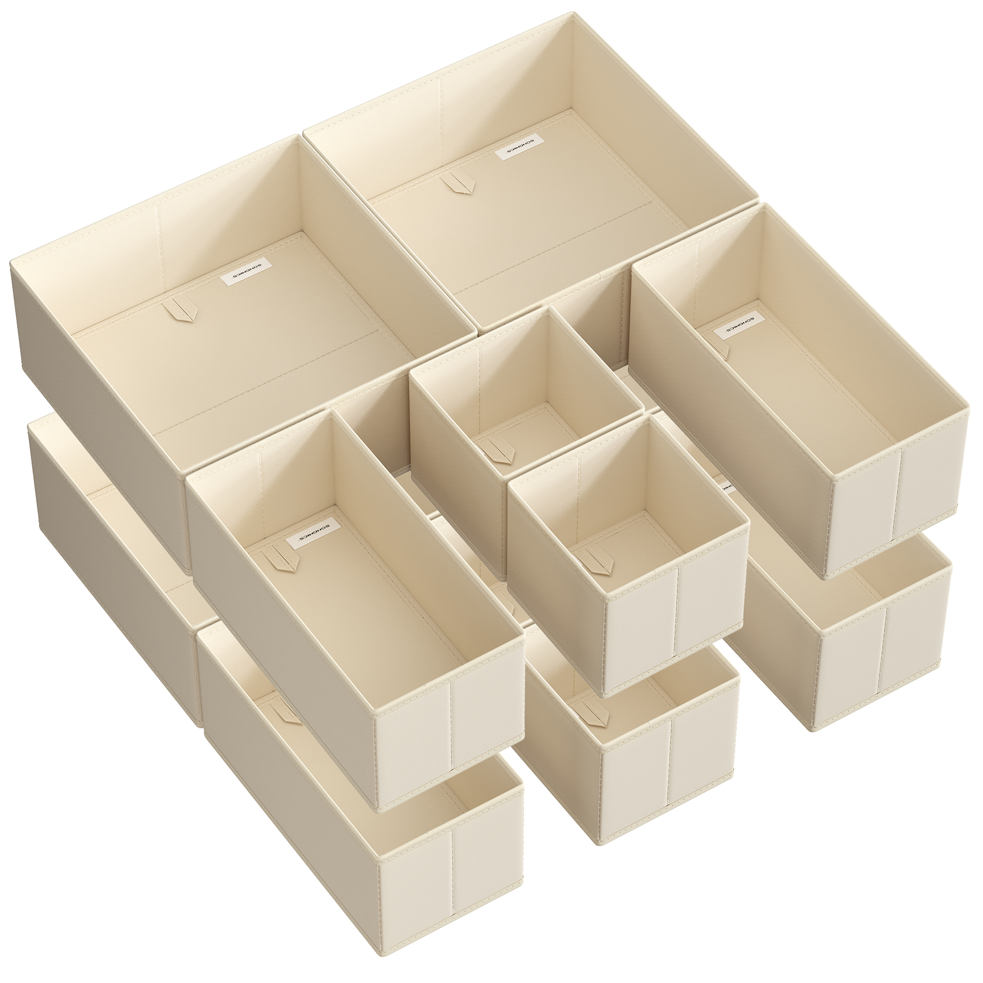 SONGMICS Organizzatori per cassetti, divisori per cassetti, set di 12, scatole portaoggetti pieghevoli in tessuto per calzini, biancheria intima, reggiseni, cravatte, sciarpe, beige sabbia/bianco