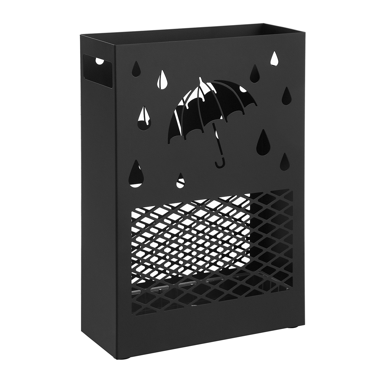 SONGMICS Portaombrelli in metallo, portaombrelli, rettangolare, con vassoio per l'acqua rimovibile, 4 ganci, design intagliato, per ingresso, ufficio, nero