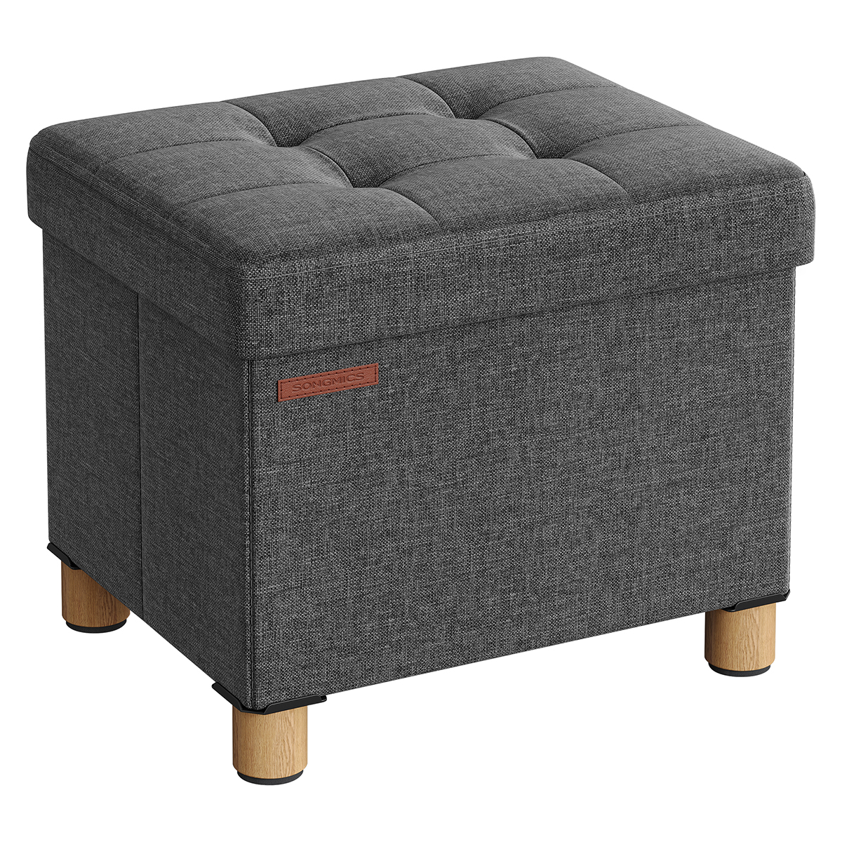 SONGMICS Pouf contenitore, panca contenitore, sgabello con poggiapiedi, pieghevole, panca con contenitore, 32 x 40 x 33,5, per soggiorno, camera da letto, grigio scuro/nero