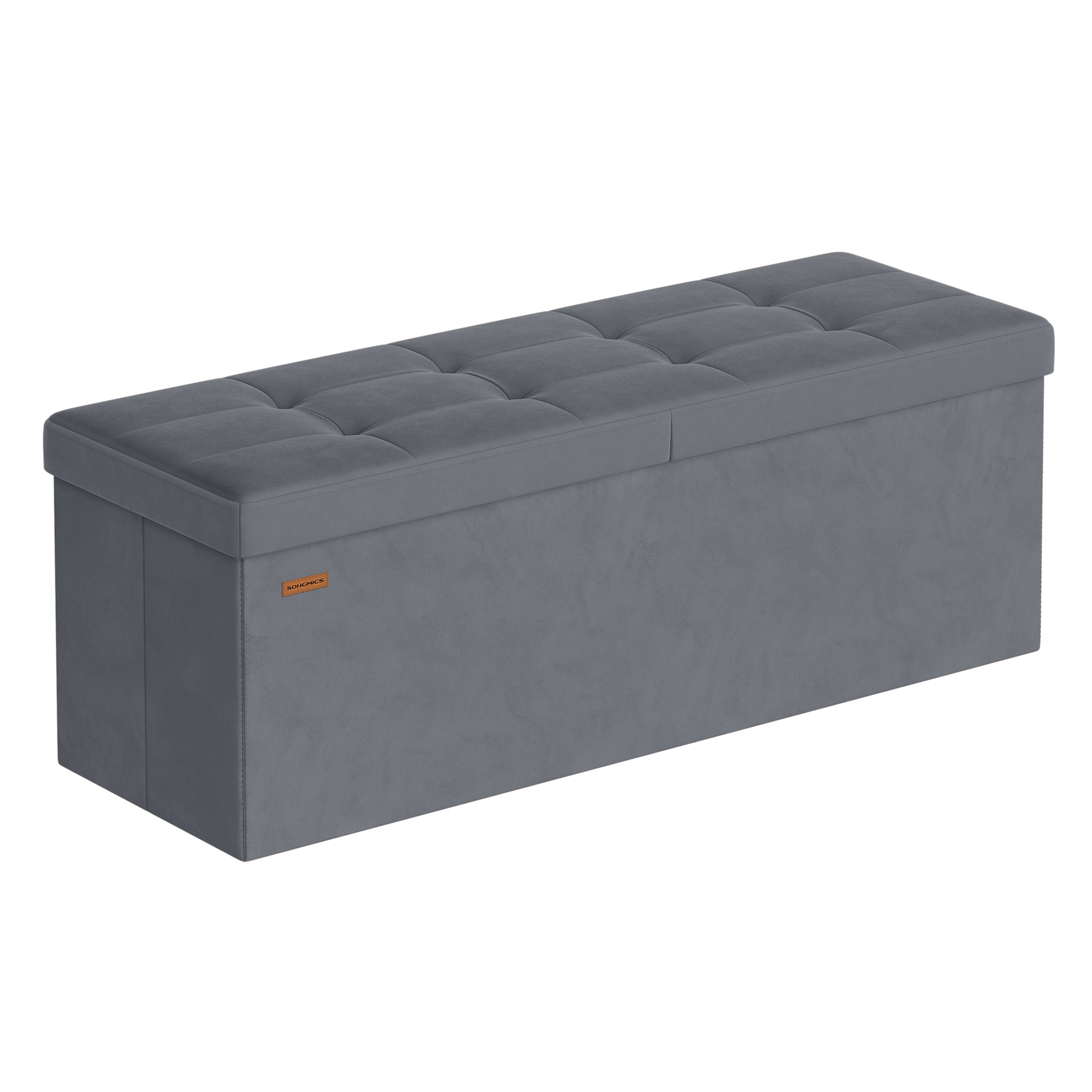SONGMICS Puff contenitore, panca portaoggetti pieghevole, 38 x 110 x 38, coperchio ribaltabile, sgabello con poggiapiedi, carico 300 kg, ingresso, soggiorno, camera da letto, tessuto in velluto,