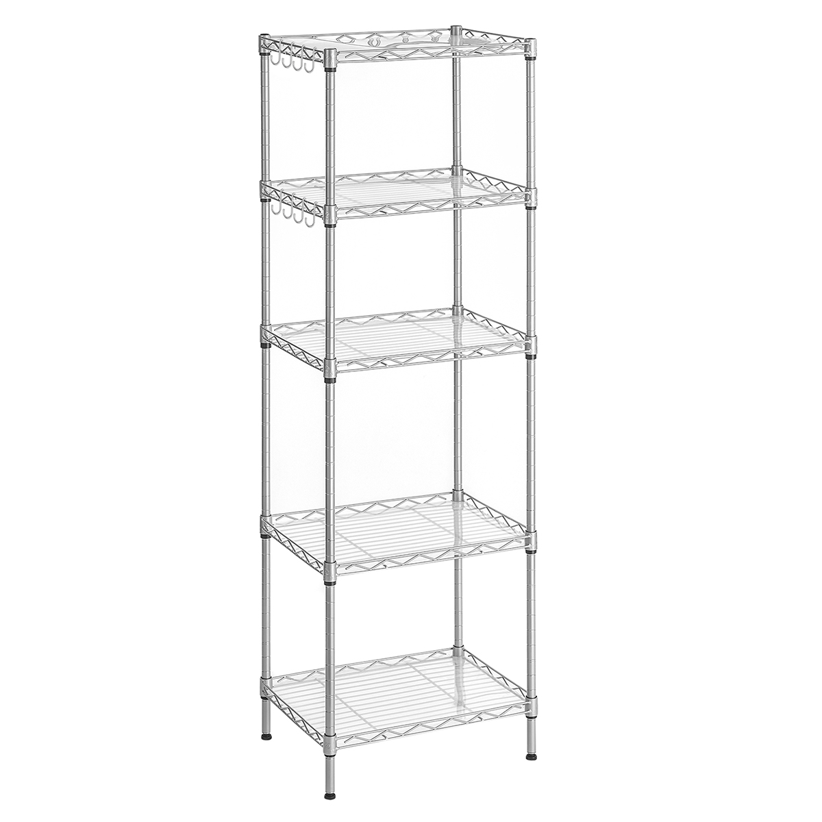 SONGMICS - Scaffale da Cucina, Scaffale Portaoggetti, 5 Ripiani, Finitura Fine, 8 Ganci, Mobiletto da Bagno, Pannello in Plastica, Regolabile in Altezza, Metallo, per Cucina, Argento