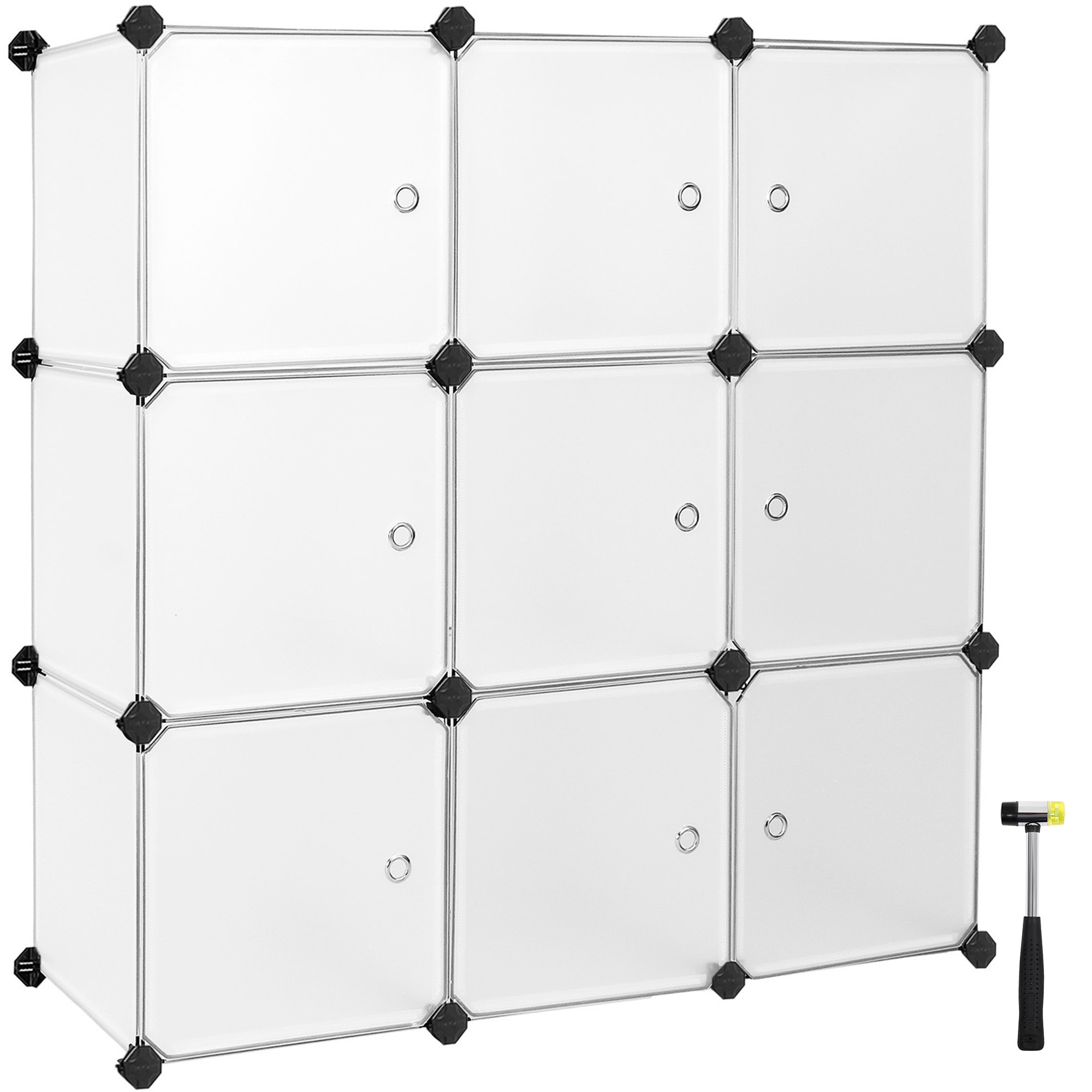 SONGMICS Scaffale Modulare, Armadio Modulare a 9 Cubi, Scaffale in Plastica con Ante, per Sneakers, Vestiti, Libri, Facile da Montare, Bianco/Nero e Bianco