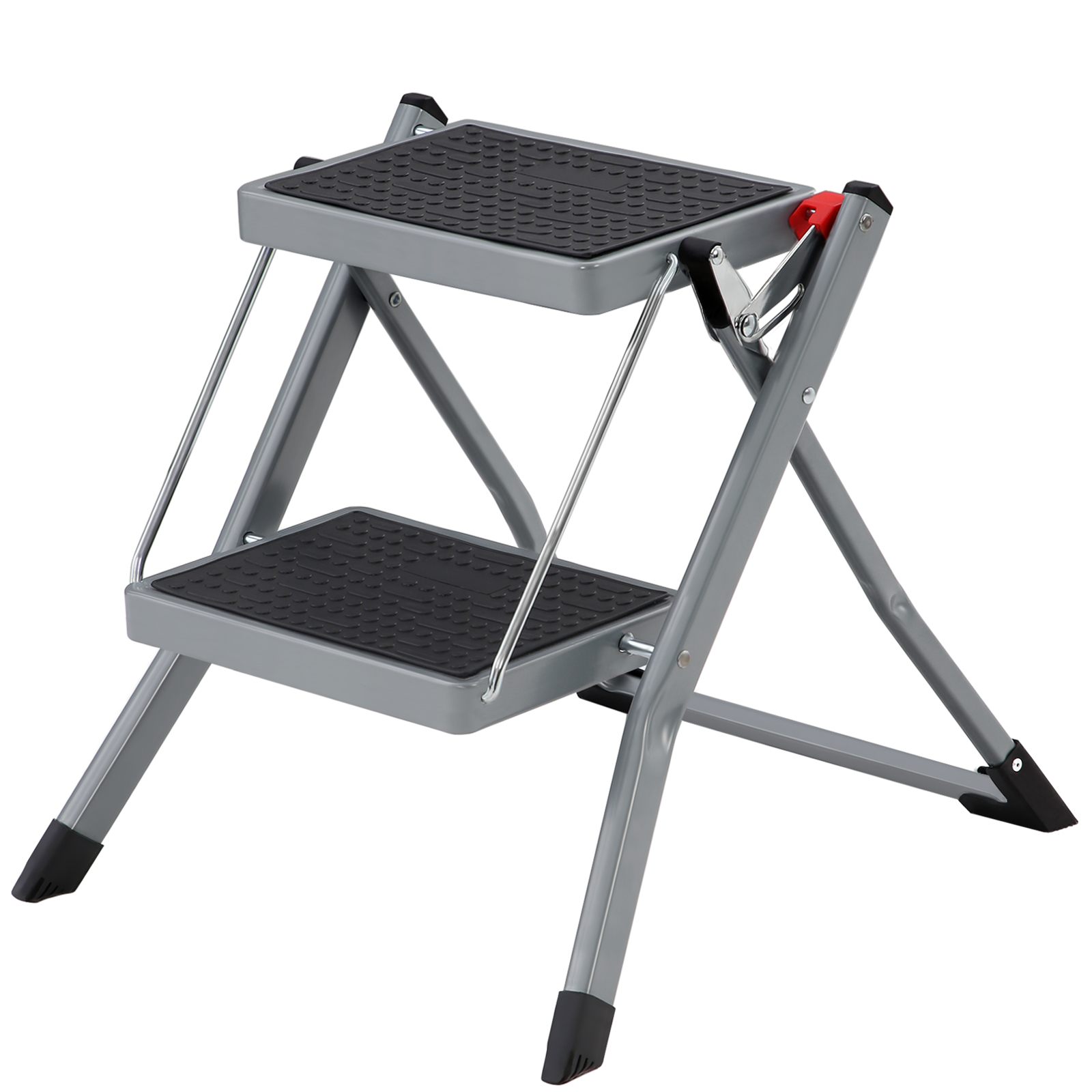 SONGMICS - Scala pieghevole a 2 gradini, Larghezza gradino 20 cm, Gomma antiscivolo, con maniglia, Carico 150 kg, Acciaio, Grigio e Nero/Nero e Bianco