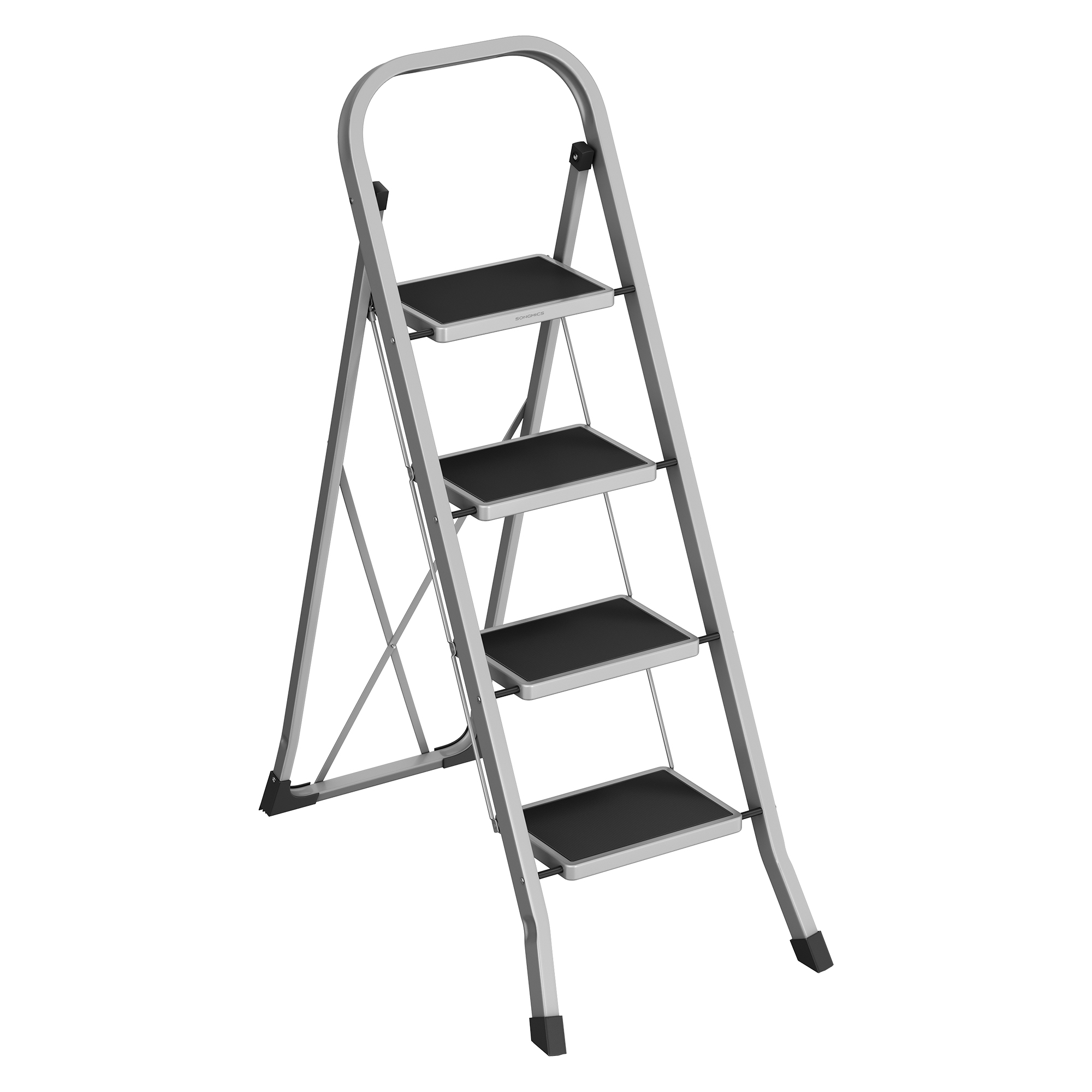 SONGMICS Scaletta a 4 gradini, Scaletta pieghevole, Blocco di sicurezza, Facile da riporre, Portata massima 150 kg, Grigio tortora/Bianco/Nero
