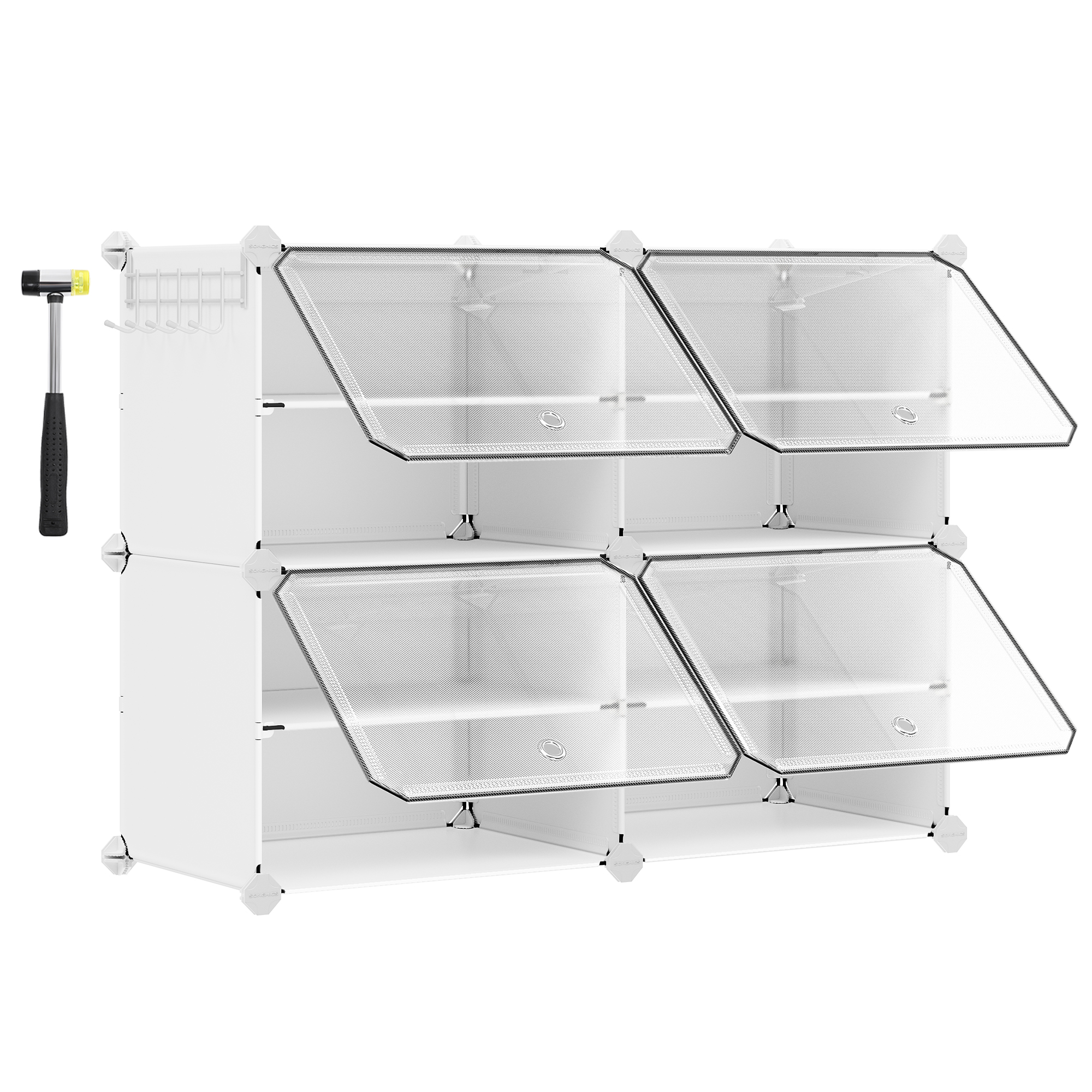 SONGMICS Scarpiera in Plastica, 4 Scomparti, Scarpiera Modulare, Scaffale Modulare in Plastica, 30 x 40 x 30 cm per Cubo, con Anta, Struttura in Acciaio, Pannelli in Plastica, Bianco