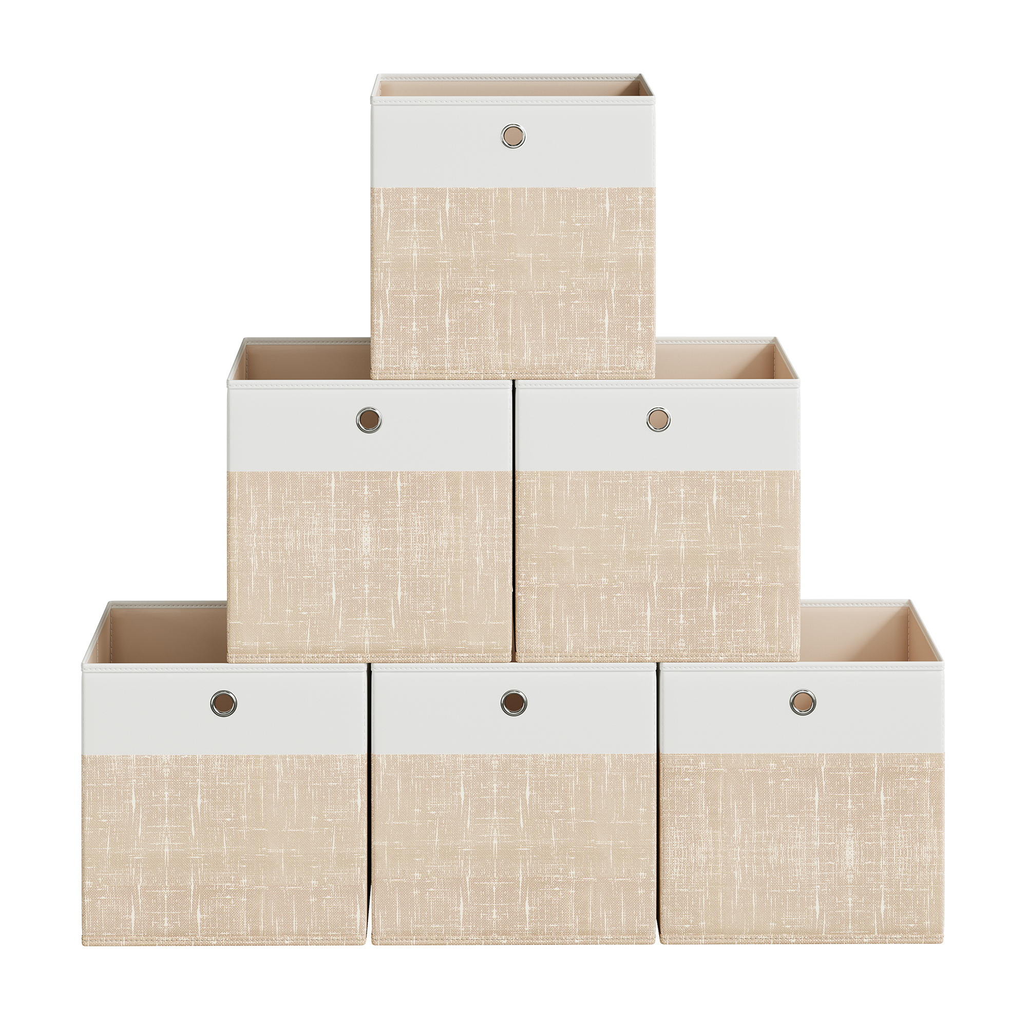SONGMICS Scatola Portaoggetti, Set di 6, Scatole Organizer in PP, Inodore, Scatola Pieghevole, Scatola in Tessuto per Scaffale a Cubi, 26 x 26 x 28 cm, Bianco Nuvola e Beige Sabbia