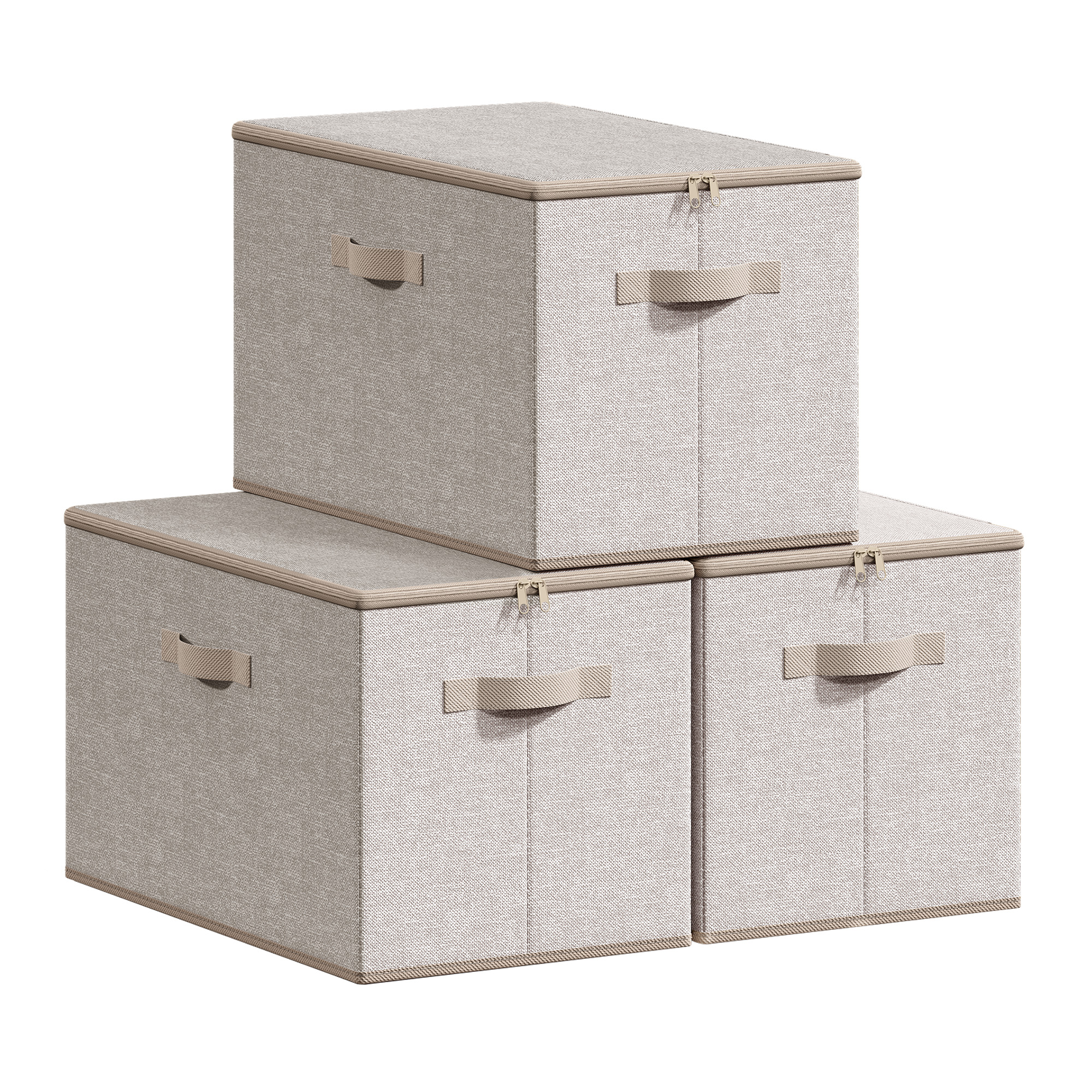 SONGMICS Scatole Pieghevoli per la Conservazione, Set di 3 Organizer con Coperchi e Manici, per Abiti, 50 x 30 x 30 cm, Tessuto Non Tessuto, Beige Sabbia/Grigio Ardesia