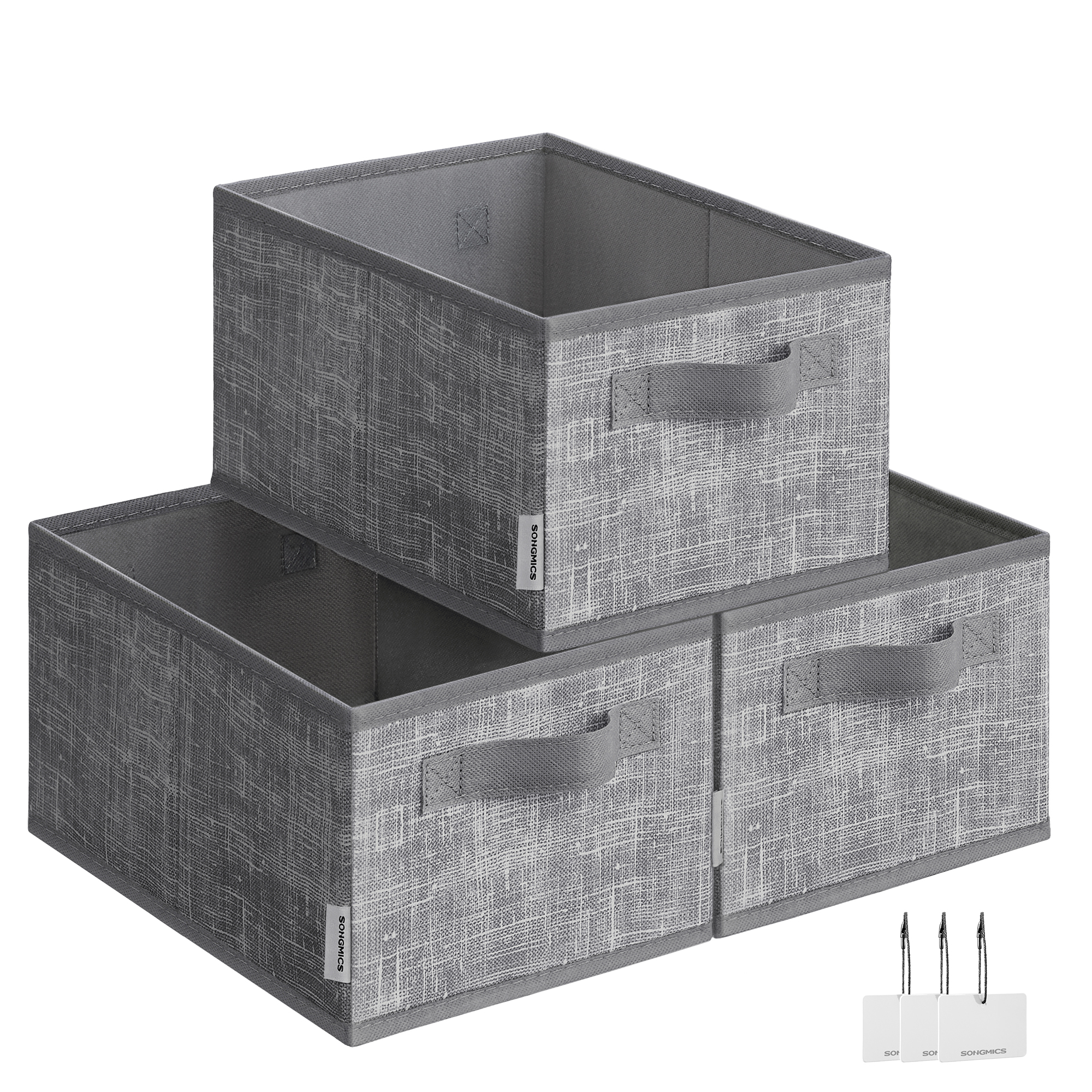 SONGMICS Scatole portaoggetti pieghevoli, set di 3 cestini in tessuto, 30 x 20 x 15 cm, organizzatori per armadio, 2 maniglie, porta etichette, per camera da letto, soggiorno, grigio