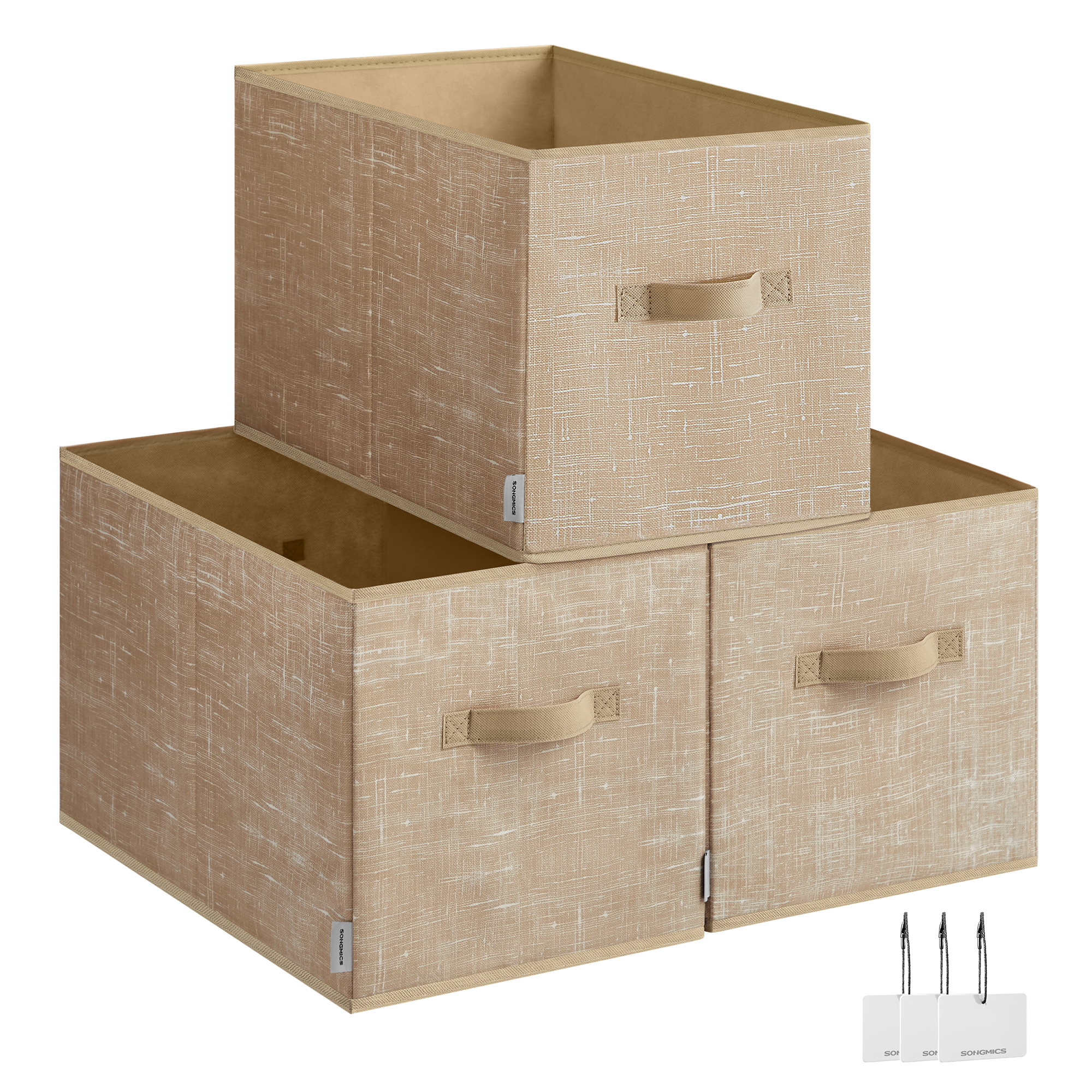 SONGMICS Scatole portaoggetti pieghevoli, set di 3 cestini in tessuto, 50 x 30 x 30 cm, organizer per armadio, 2 maniglie, porta etichette, per camera da letto, soggiorno, beige sabbia
