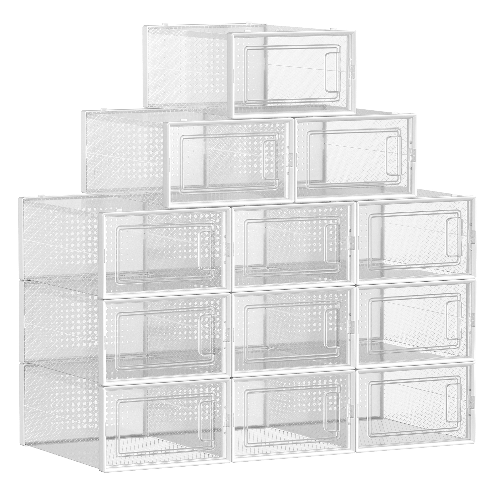 SONGMICS Scatole Portascarpe in Plastica, Set di 12 Organizer, Scatole Portascarpe Pieghevoli e Impilabili per Sneakers fino alla Taglia 44, Trasparenti e Bianche/Trasparenti e Blu Carbone/Trasparenti