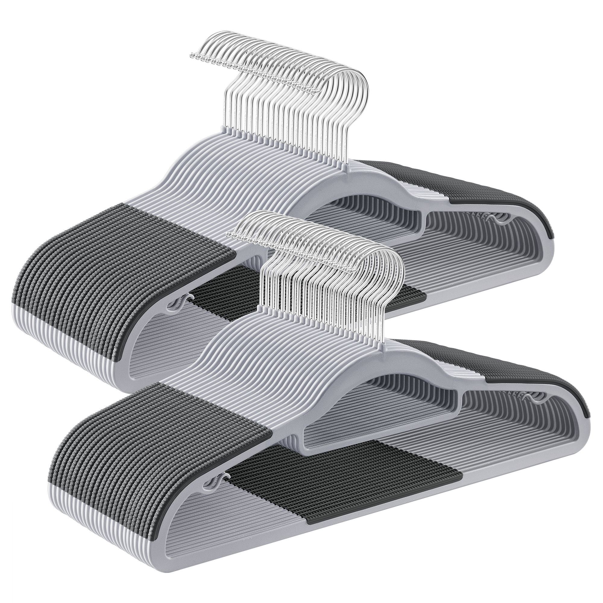 SONGMICS Set di 50 grucce, grucce in plastica, antiscivolo, salvaspazio, spessore 0,5 cm, lunghezza 42 cm, gancio argento girevole a 360° ° , Grigio chiaro e grigio scuro/bianco/nero