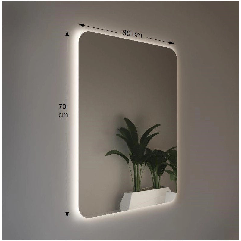 Specchio da Parete Retroilluminato a LED 80X70 spessore 4 mm,cm con Angoli Arrotondati 7mm