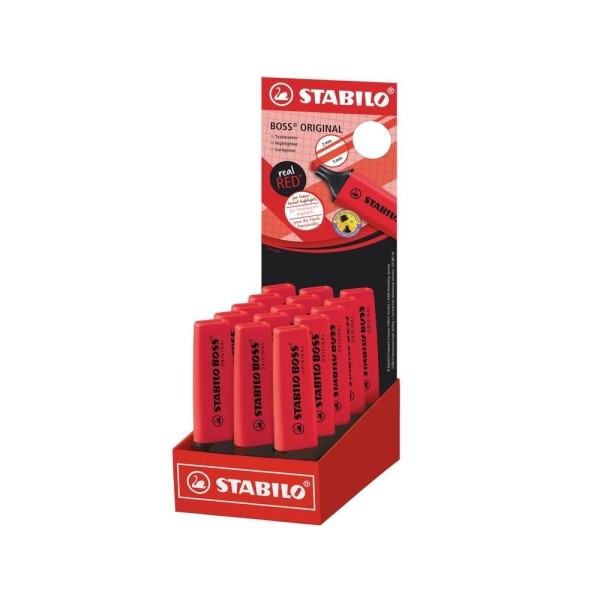 Stabilo Boss 70 espositore con 15 pennarelli fluorescenti - Tratto da 2 a 5 mm - Ricaricabili - Inchiostro a base d'acqua - Colore rosso reale