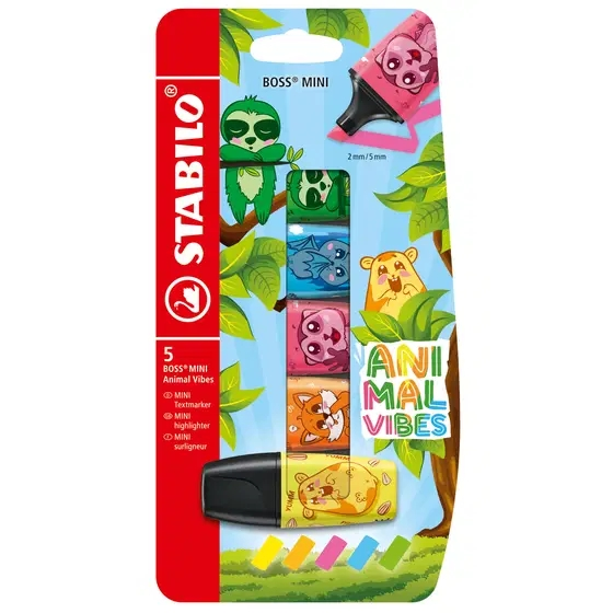 Stabilo Boss Mini Animal Vibes Confezione da 5 mini pennarelli fluorescenti - Tratto da 2 a 5 mm - Inchiostro a base d'acqua - Anti-essiccazione - Colori assortiti