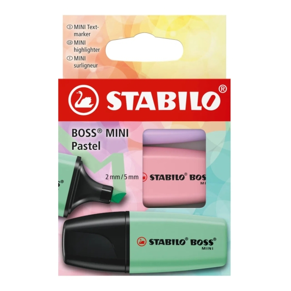 Stabilo Boss Mini Pastel Confezione da 3 pennarelli fluorescenti - Tratto da 2 a 5 mm - Inchiostro a base d'acqua - Anti-essiccazione - Colori verde rosa e viola Stabilo Boss Mini Pastel Confezione da 3 pennarelli fluorescenti - Tratto da 2 a 5 mm - Inchiostro a base d'acqua - Anti-essiccazione - Colori verde rosa e viola