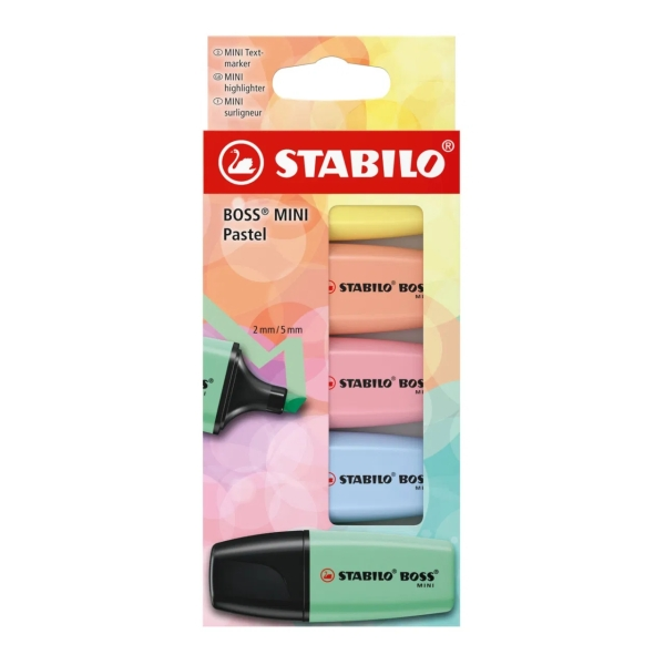 Stabilo Boss Mini Pastel Confezione da 5 pennarelli fluorescenti - Tratto da 2 a 5 mm - Inchiostro a base d'acqua - Anti-essiccazione - Verde Rosa Blu Arancione e Giallo