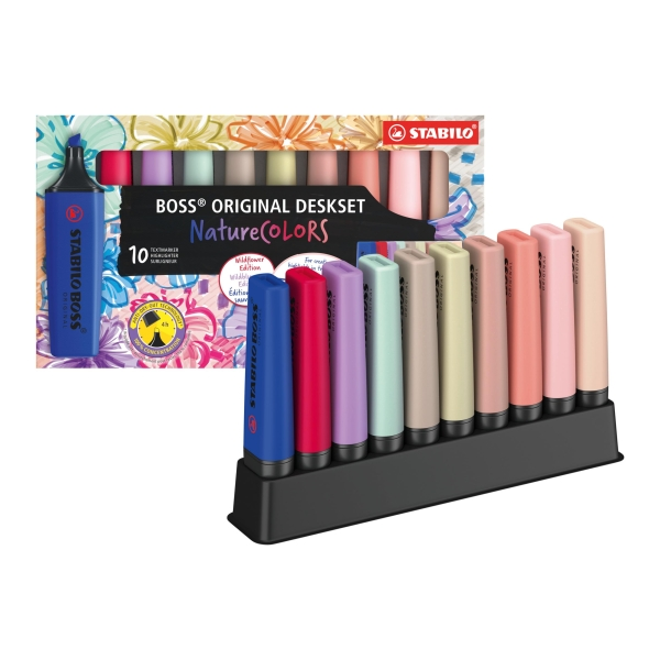 Stabilo Boss Naturecolors Confezione da 10 pennarelli con supporto da tavolo - Include i 4 nuovi colori Wildflower - Larghezza del tratto tra 2 e 5 mm - Inchiostro a base d'acqua - Colori assortiti