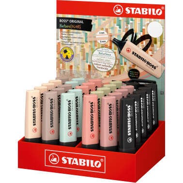 Stabilo Boss Naturecolors Display da 30 pennarelli - Linea tra 2 e 5 mm - Inchiostro a base d'acqua - Colori Terra di Siena Beige Ocra scuro Grigio caldo Verde fango Verde terra e Nero