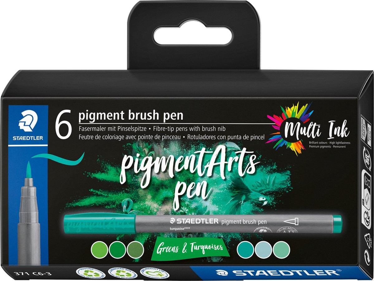Staedtler 371 Confezione da 6 Pennarelli con Punta Morbida - Colori Brillanti e Vividi - Non Ingiallisce nel Tempo - Nuovo Inchiostro Multi Inchiostro - Pigmenti di Qualità Premium - Colori Assortiti Verde/Turchese
