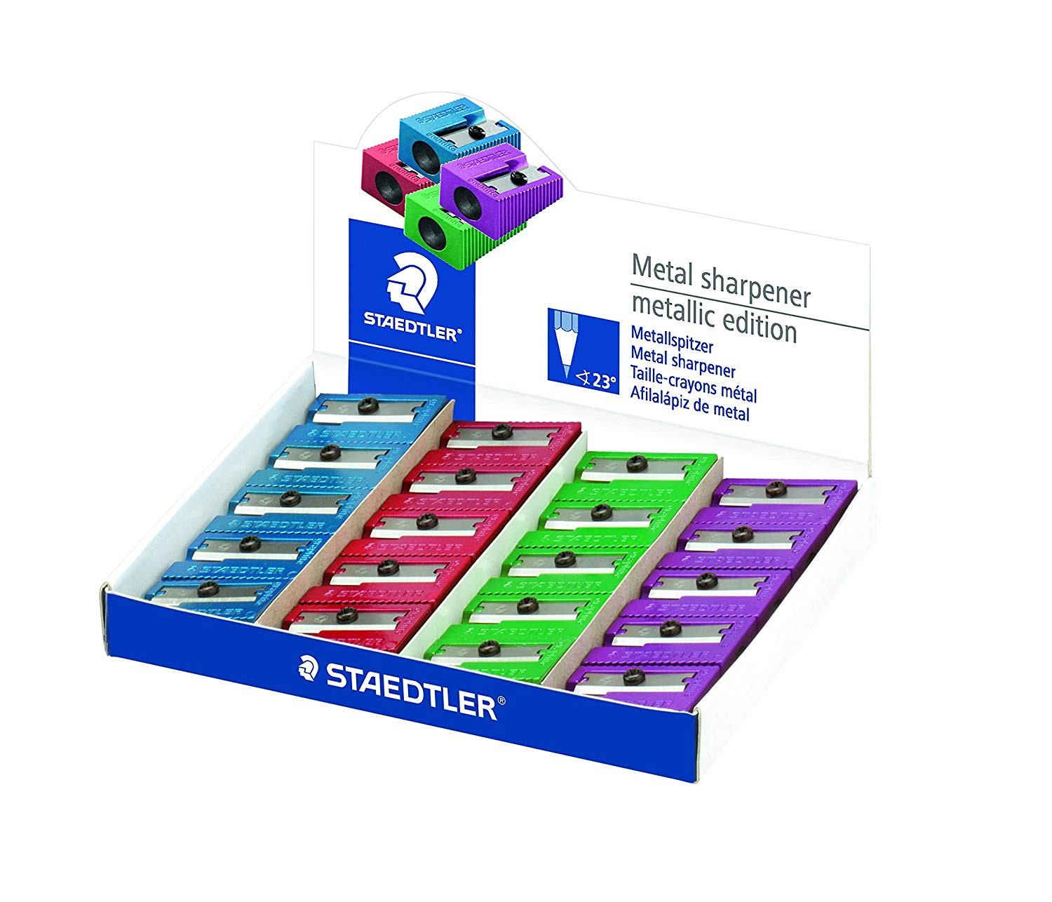 Staedtler Espositore da 20 Temperamatite in Metallo con Lama in Metallo - Angolo di Affilatura di 23° e 30° - 2 Fori - Colori Assortiti